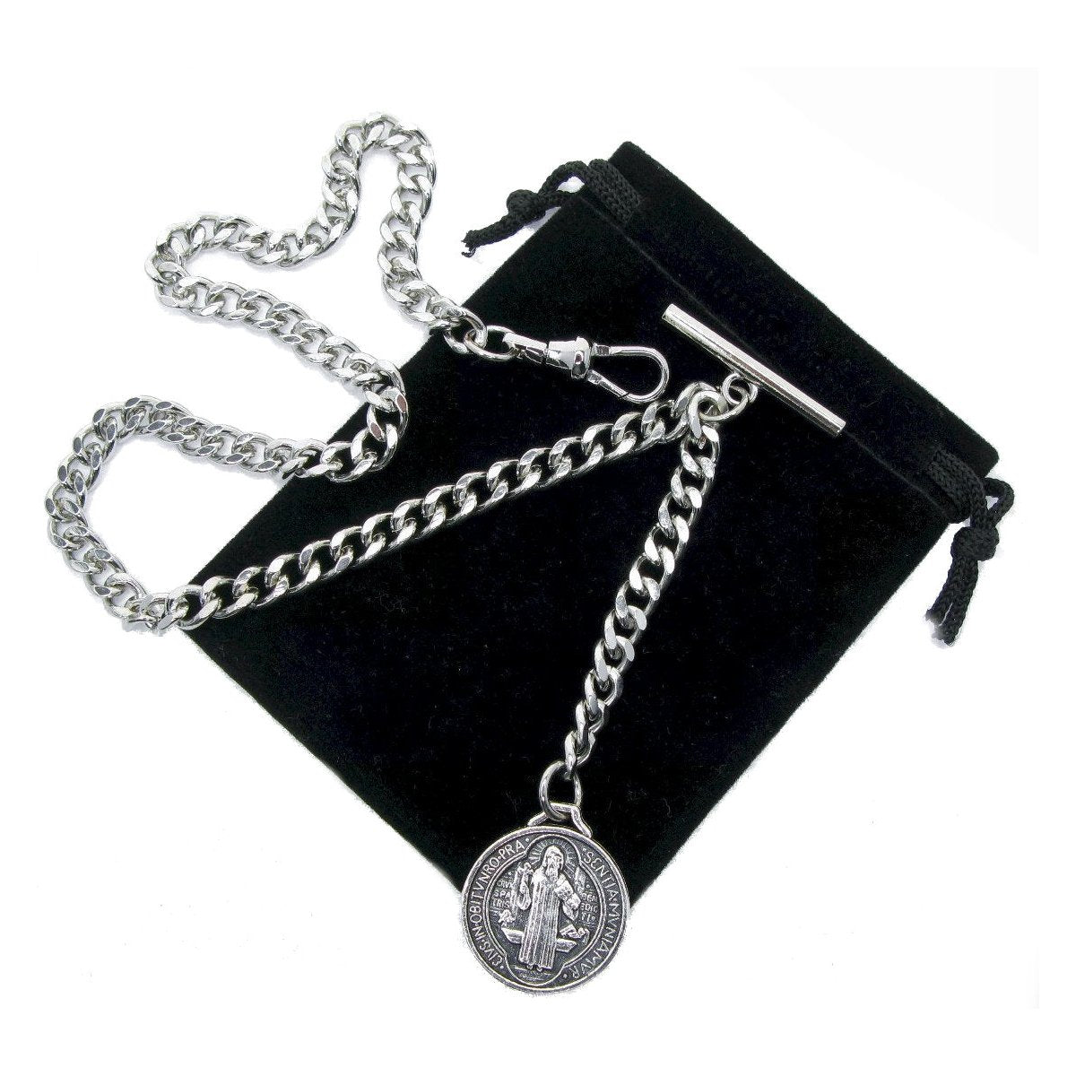 Albert Chain Silver Color Pocket Watch Chains for Men with St. Benedict Medal Fob T Bar AC43