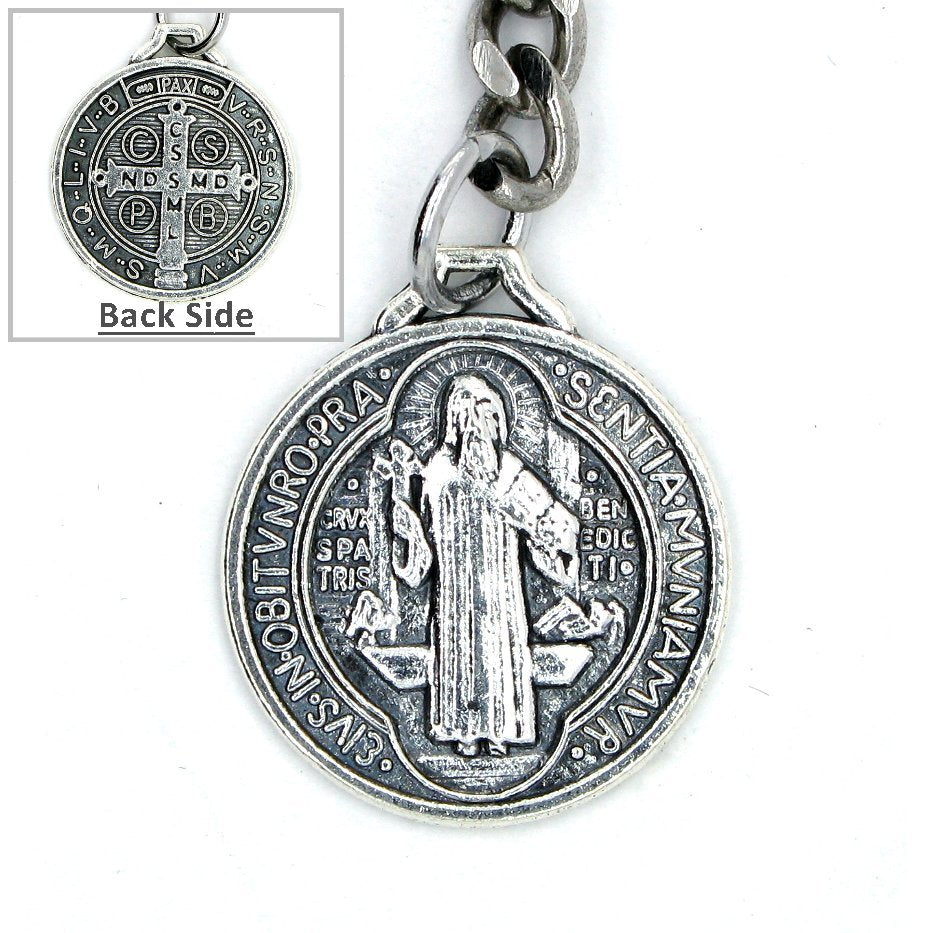 Albert Chain Silver Color Pocket Watch Chains for Men with St. Benedict Medal Fob T Bar AC43