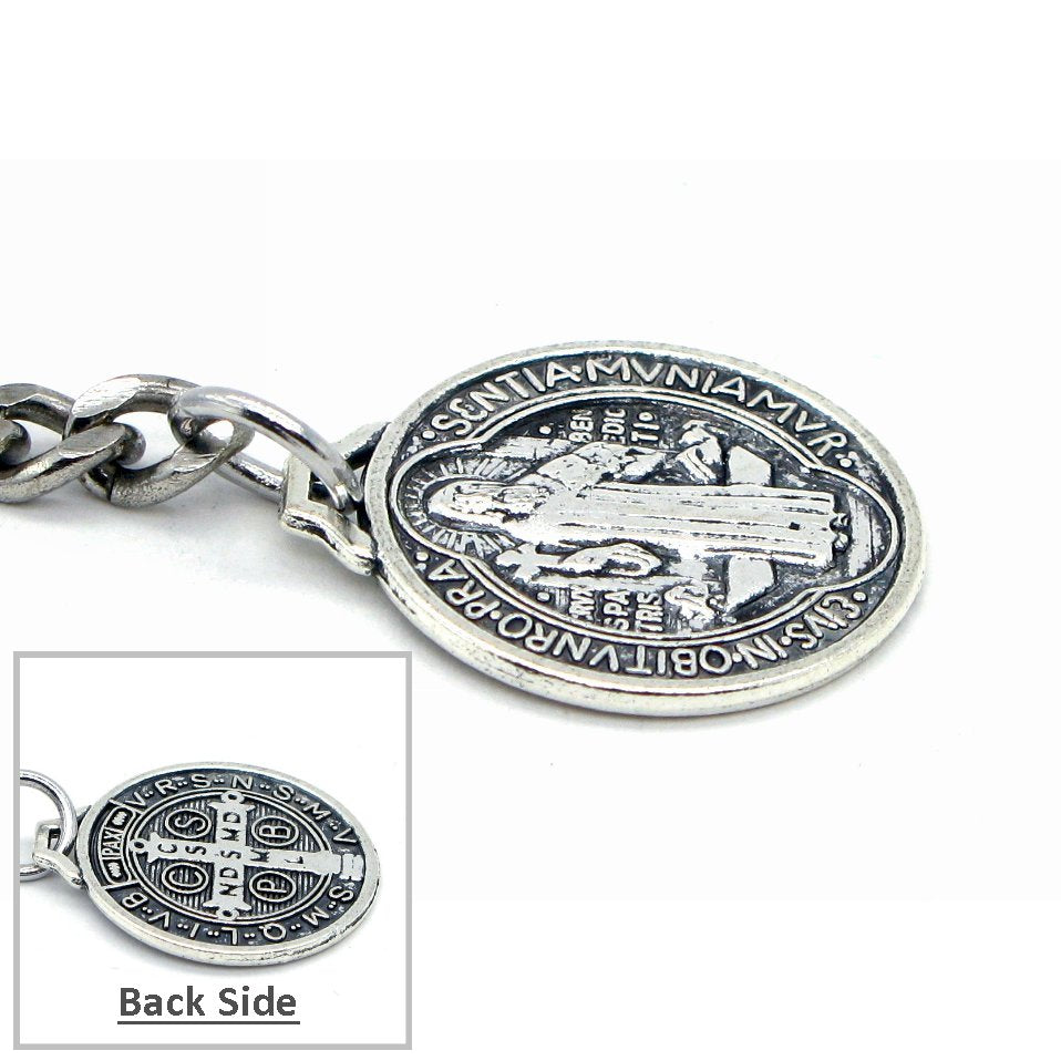 Albert Chain Silver Color Pocket Watch Chains for Men with St. Benedict Medal Fob T Bar AC43