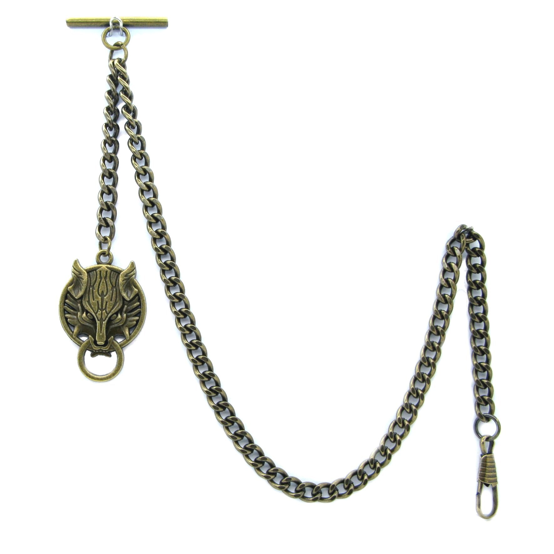 Albert Chain Pocket Watch Chains for Men Antique Brass Color with Ancient Animal Fob T Bar AC44
