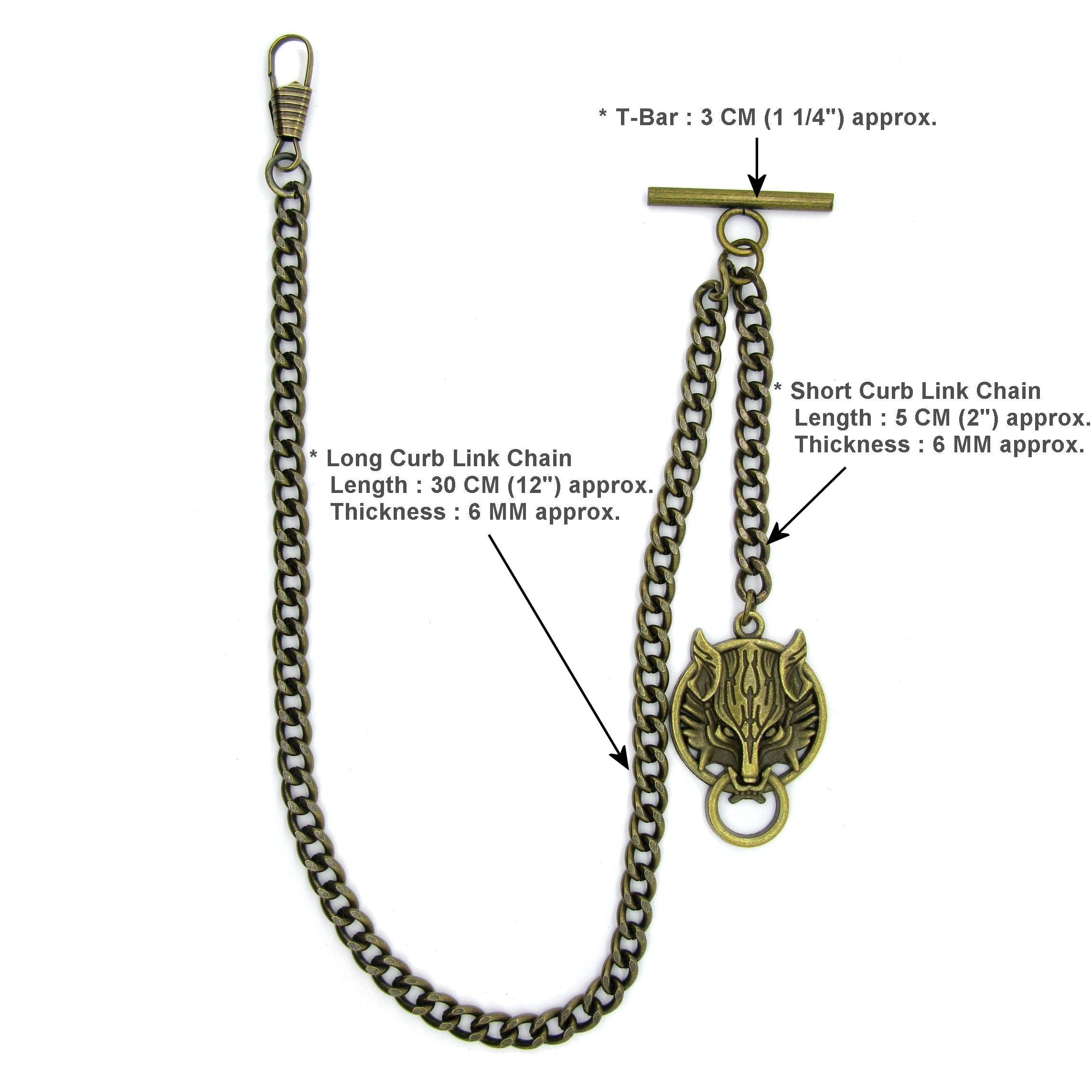 Albert Chain Pocket Watch Chains for Men Antique Brass Color with Ancient Animal Fob T Bar AC44