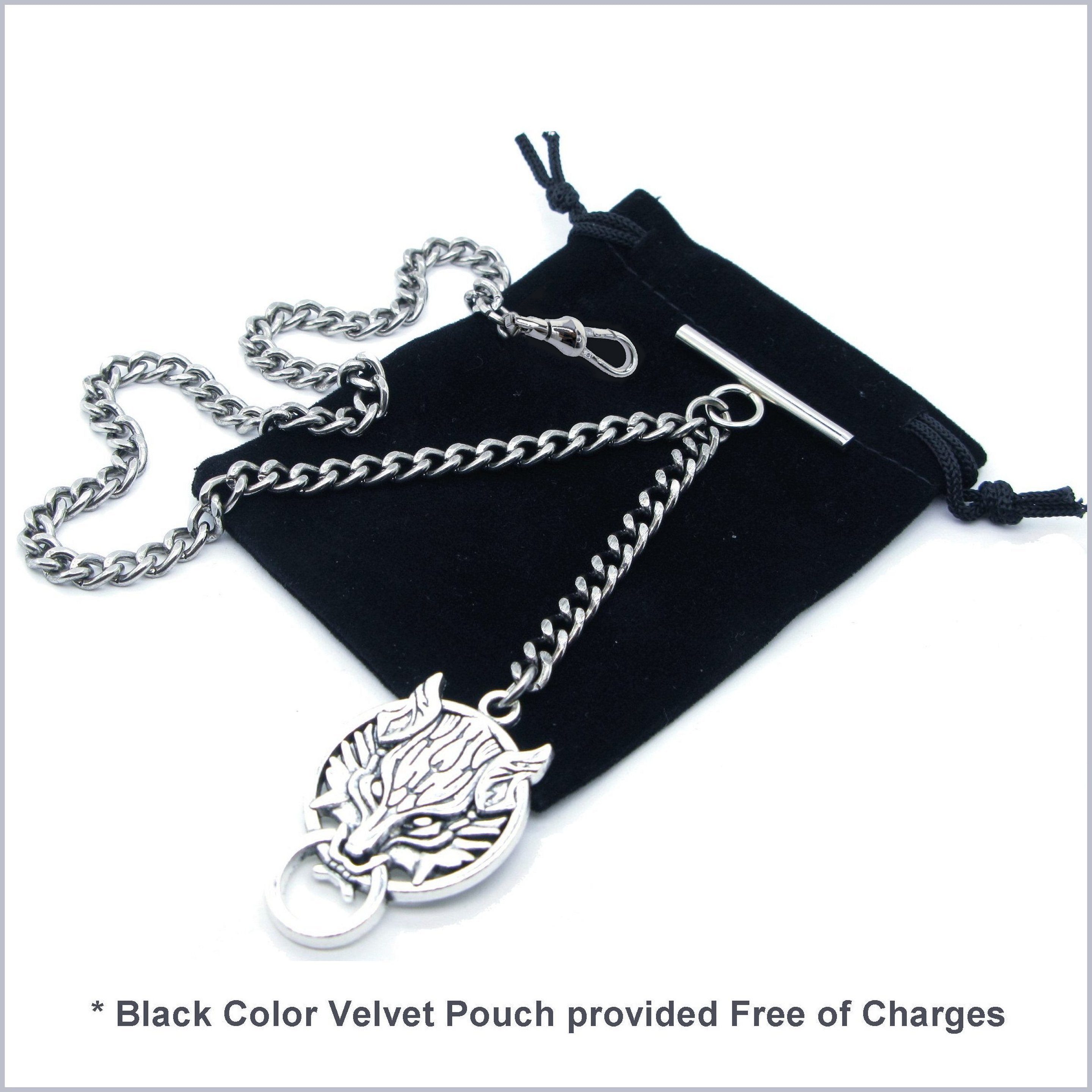 Albert Chain Silver Color Pocket Watch Chains for Men with Ancient Animal Fob Swivel Clasp T Bar AC45