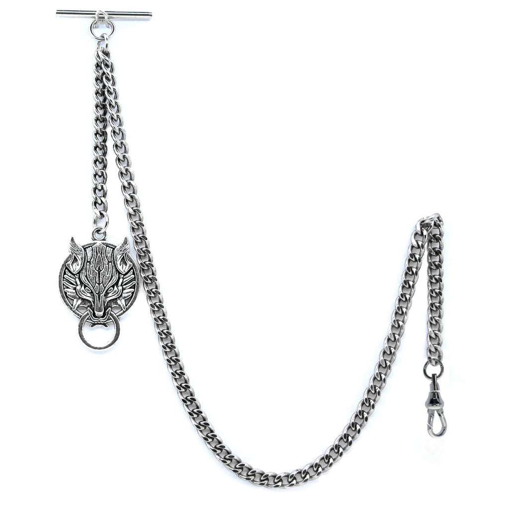 Albert Chain Silver Color Pocket Watch Chains for Men with Ancient Animal Fob Swivel Clasp T Bar AC45