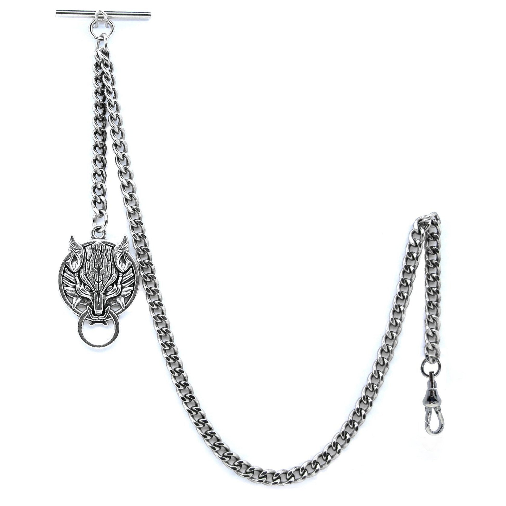 Albert Chain Silver Color Pocket Watch Chains for Men with Ancient Animal Fob Swivel Clasp T Bar AC45