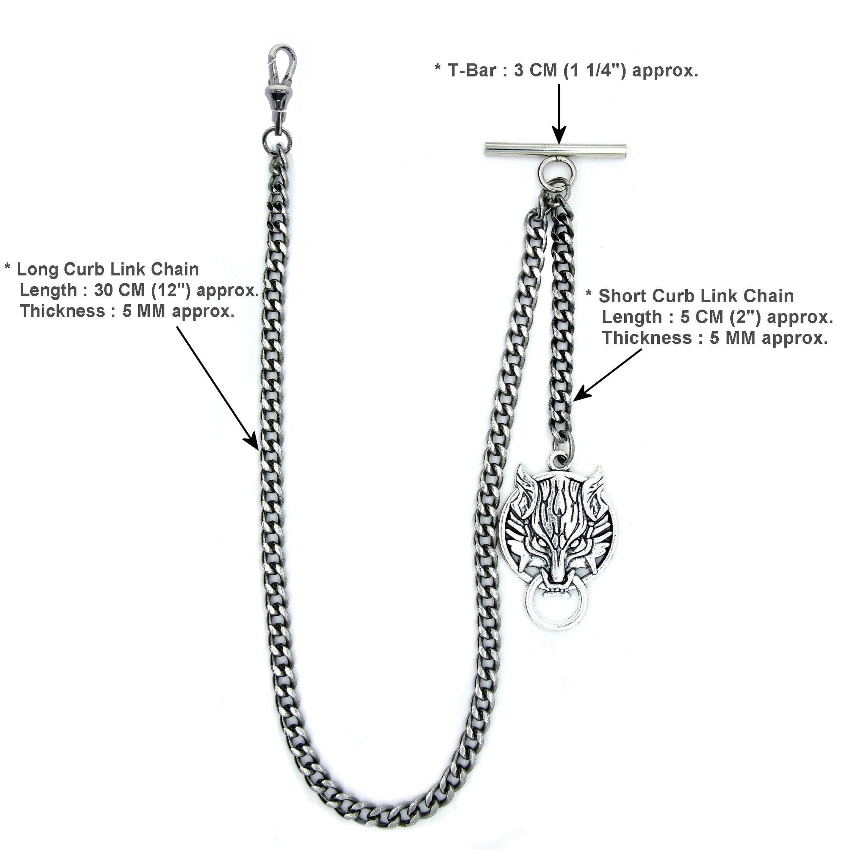 Albert Chain Silver Color Pocket Watch Chains for Men with Ancient Animal Fob Swivel Clasp T Bar AC45