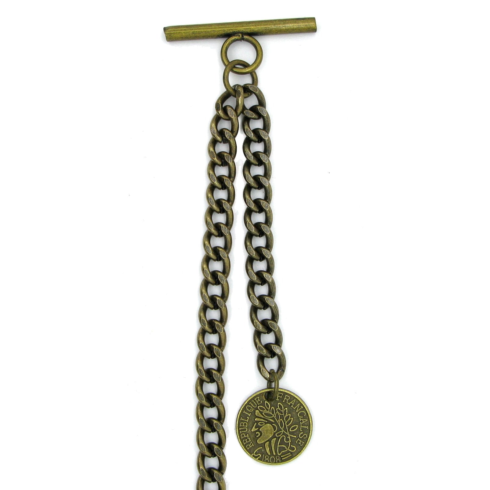 Albert Chain Pocket Watch Chains for Men Antique Brass Color with Francaise Medal Fob T Bar AC46