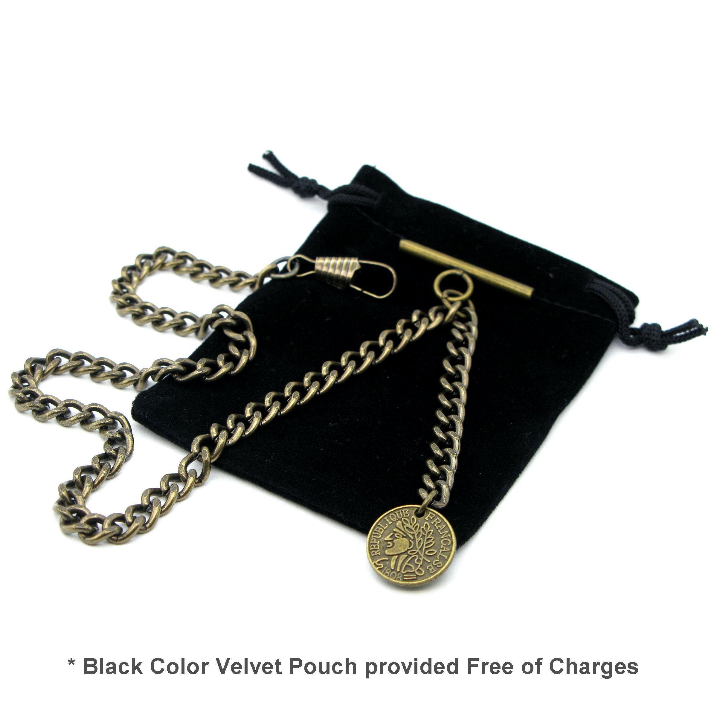Albert Chain Pocket Watch Chains for Men Antique Brass Color with Francaise Medal Fob T Bar AC46