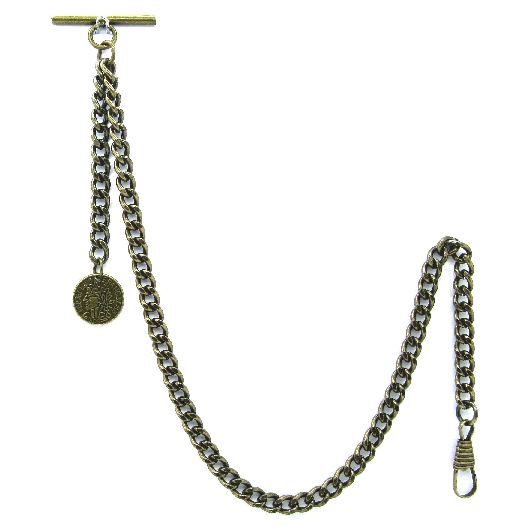 Albert Chain Pocket Watch Chains for Men Antique Brass Color with Francaise Medal Fob T Bar AC46