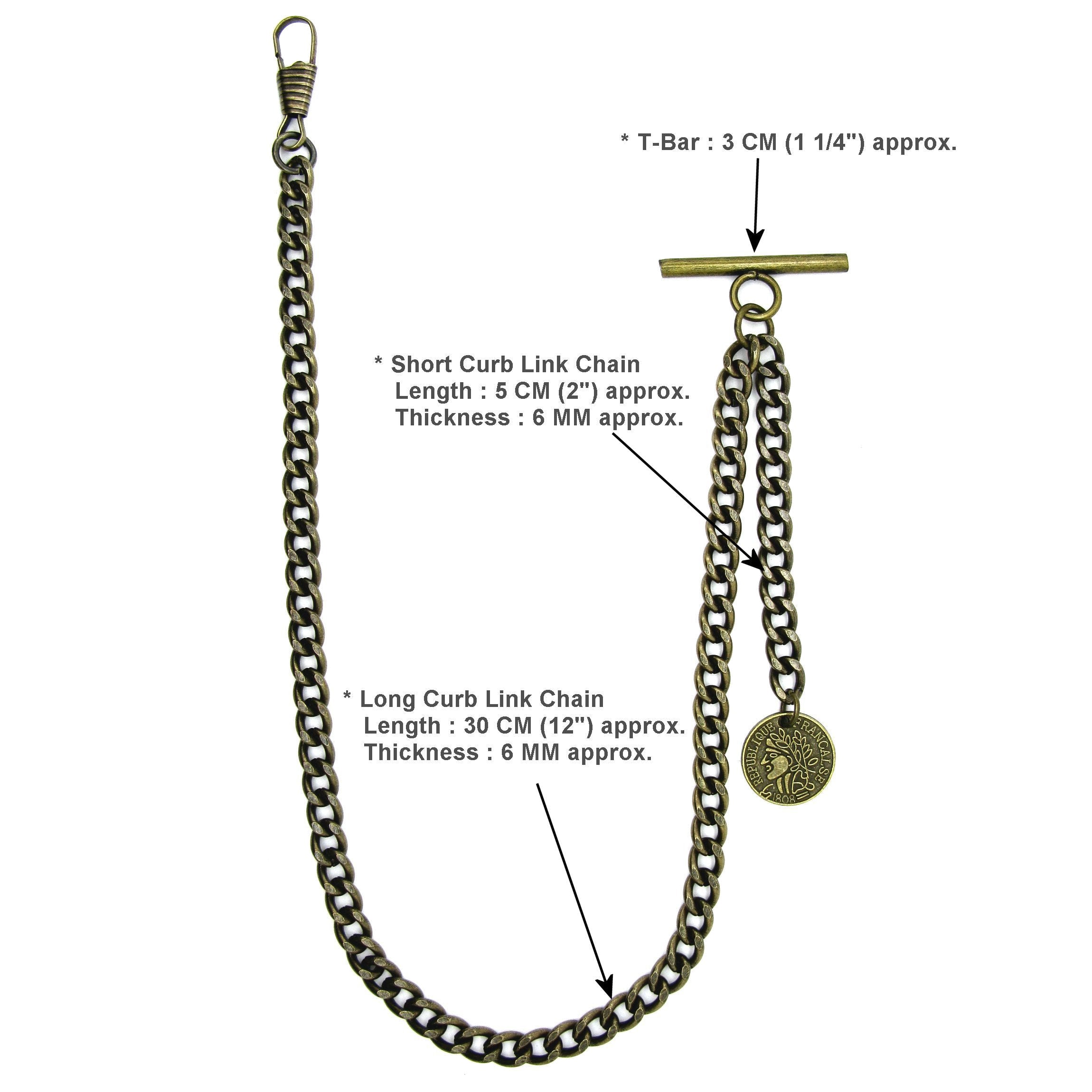 Albert Chain Pocket Watch Chains for Men Antique Brass Color with Francaise Medal Fob T Bar AC46