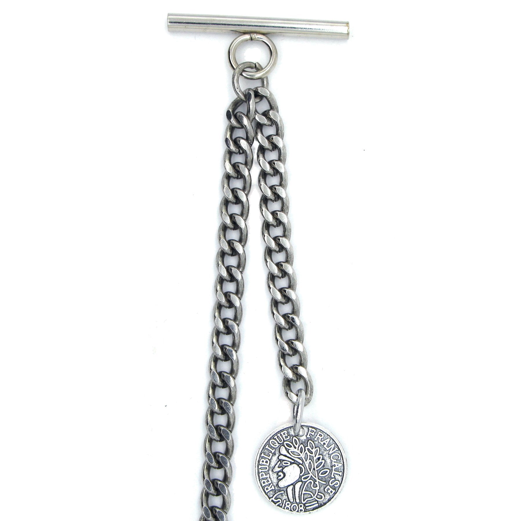 Albert Chain Silver Color Pocket Watch Chains for Men with Francaise Medal Fob T Bar AC47