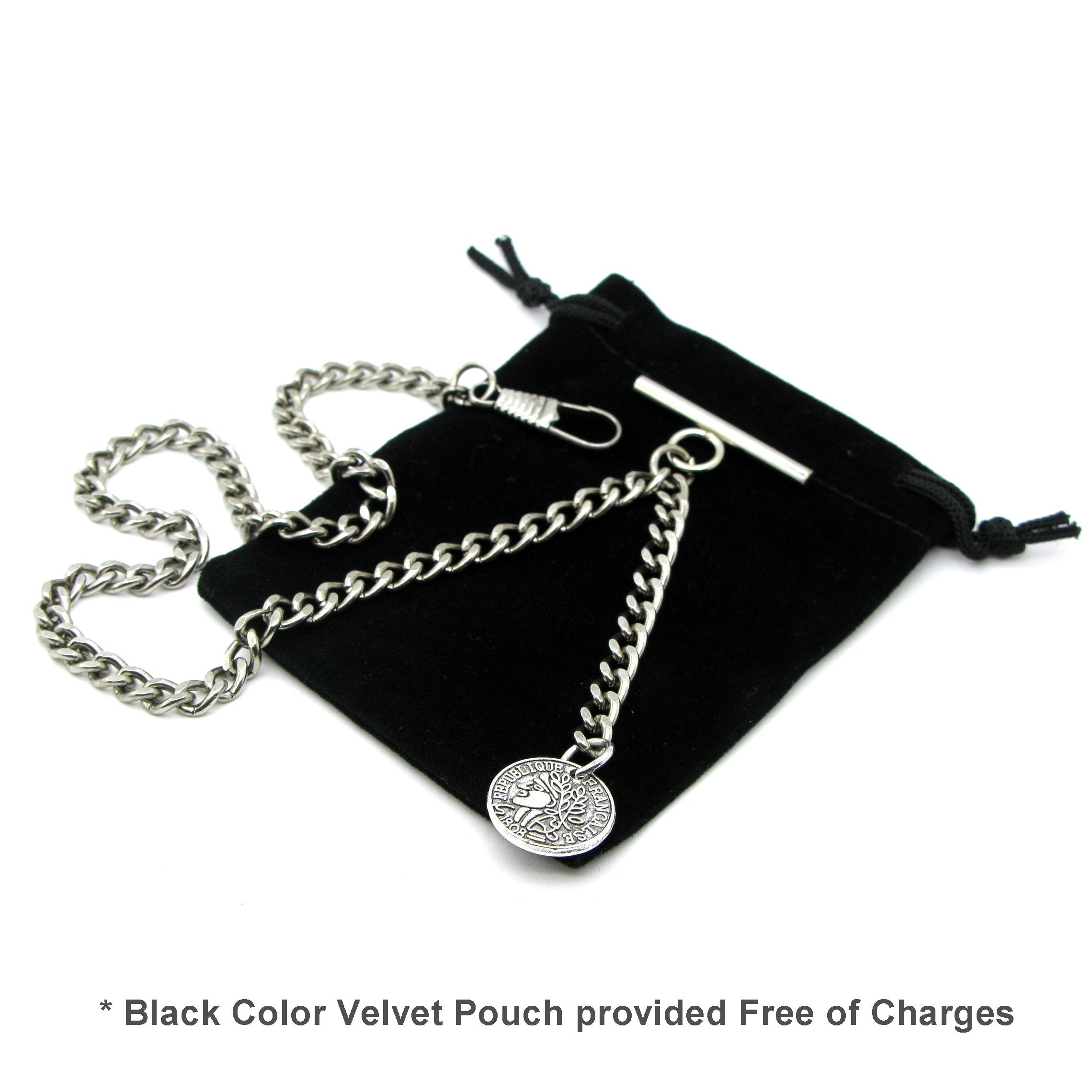 Albert Chain Silver Color Pocket Watch Chains for Men with Francaise Medal Fob T Bar AC47