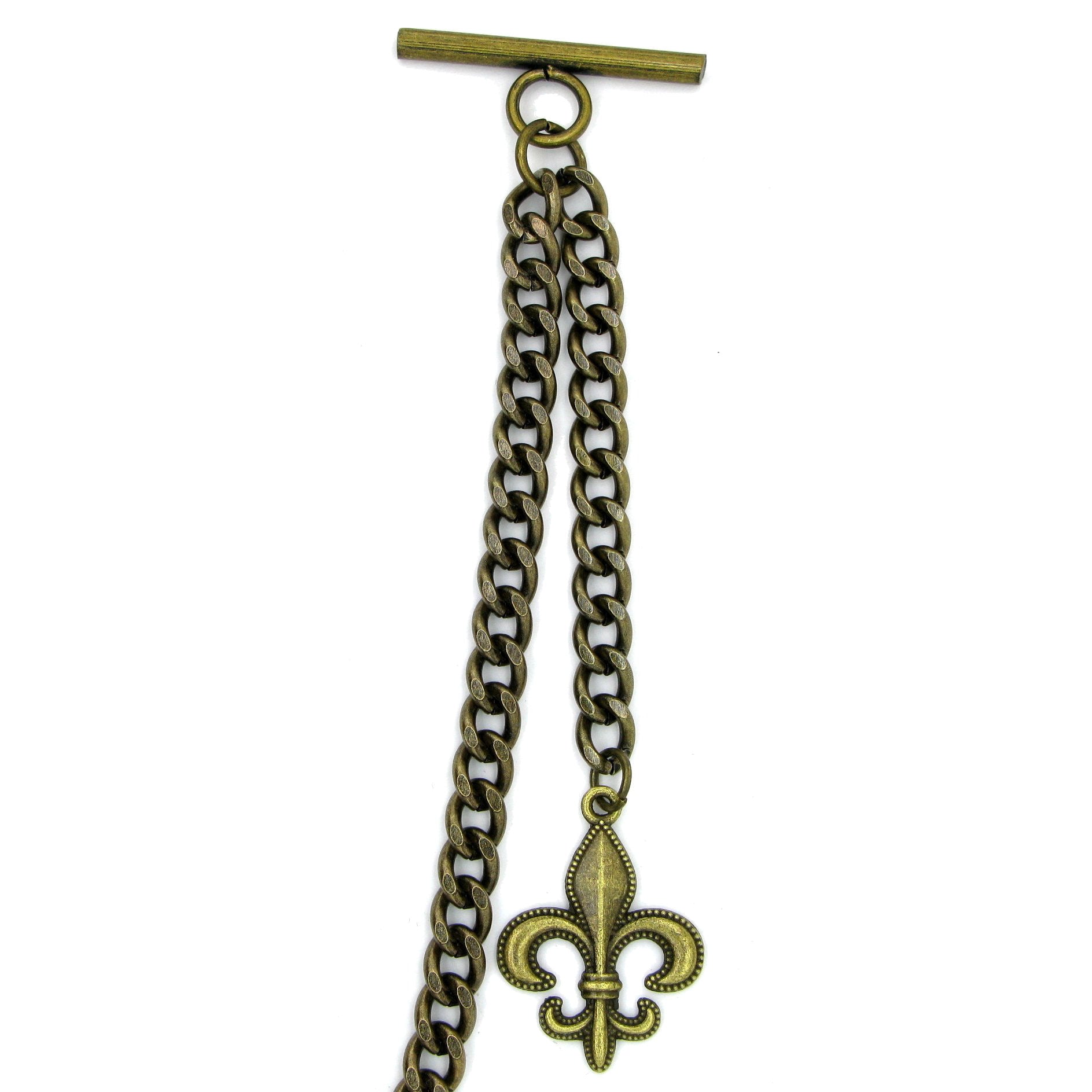 Albert Chain Pocket Watch Chains for Men Antique Brass Color with Fleur-de-lis Emblem Fob T Bar AC48