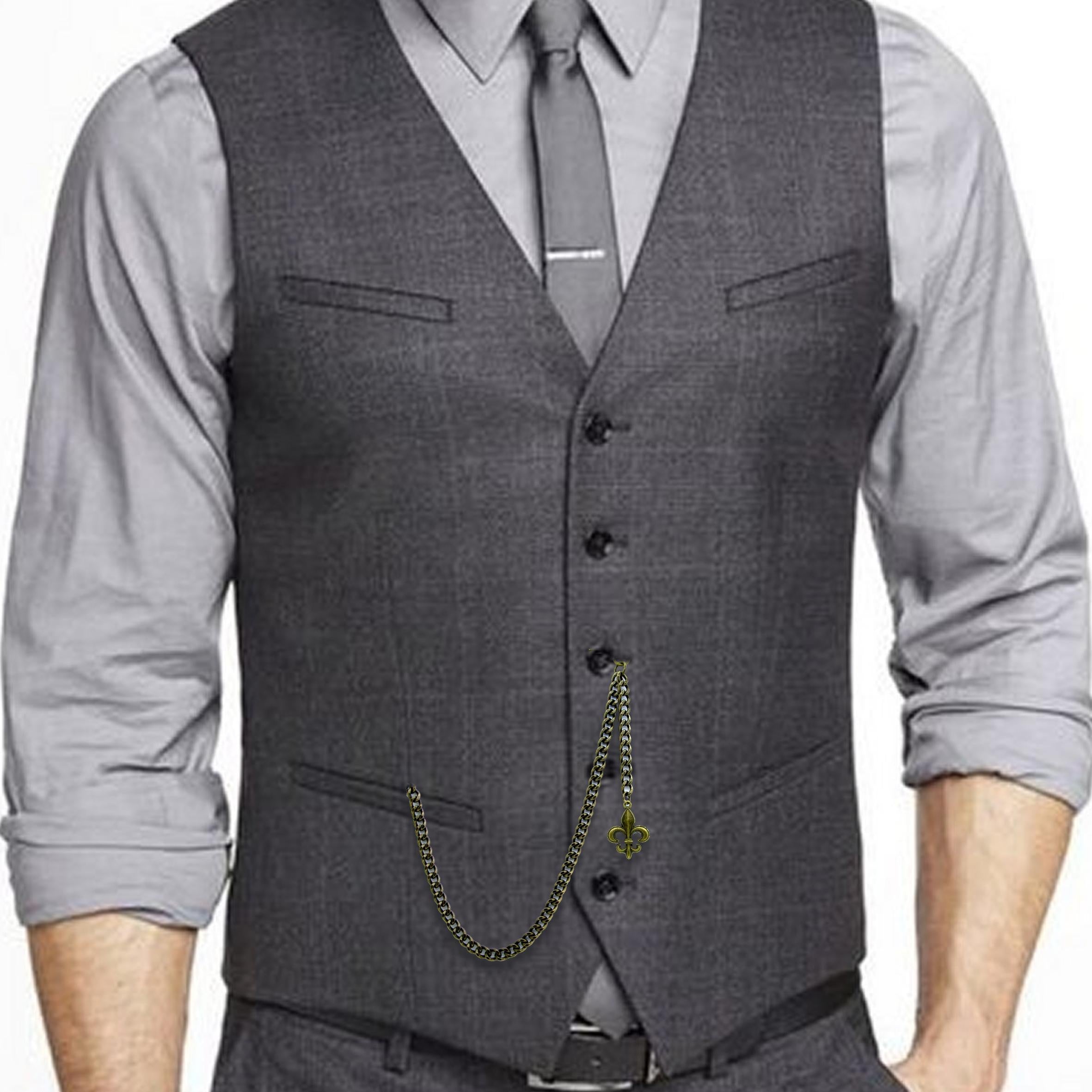 Albert Chain Pocket Watch Chains for Men Antique Brass Color with Fleur-de-lis Emblem Fob T Bar AC48