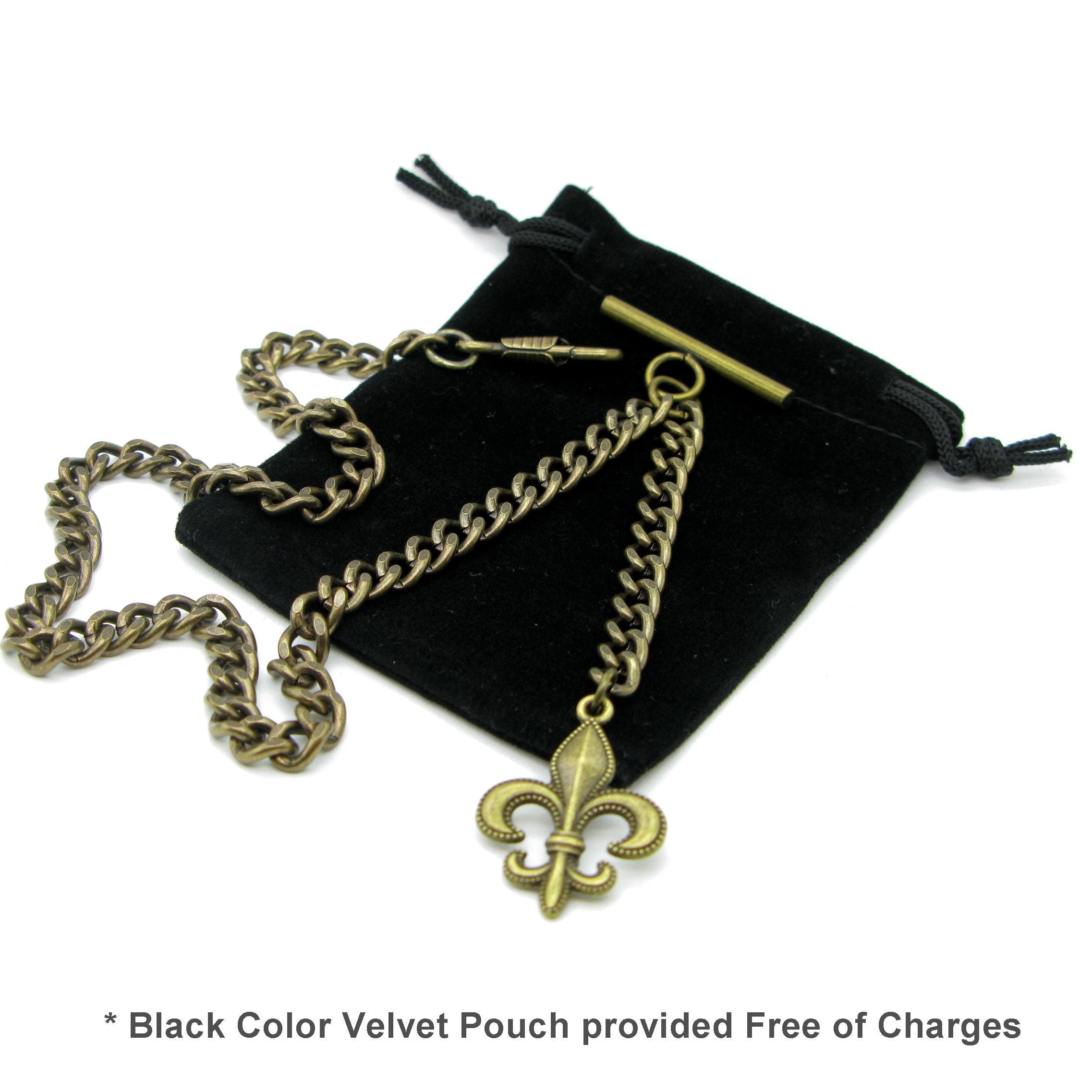 Albert Chain Pocket Watch Chains for Men Antique Brass Color with Fleur-de-lis Emblem Fob T Bar AC48