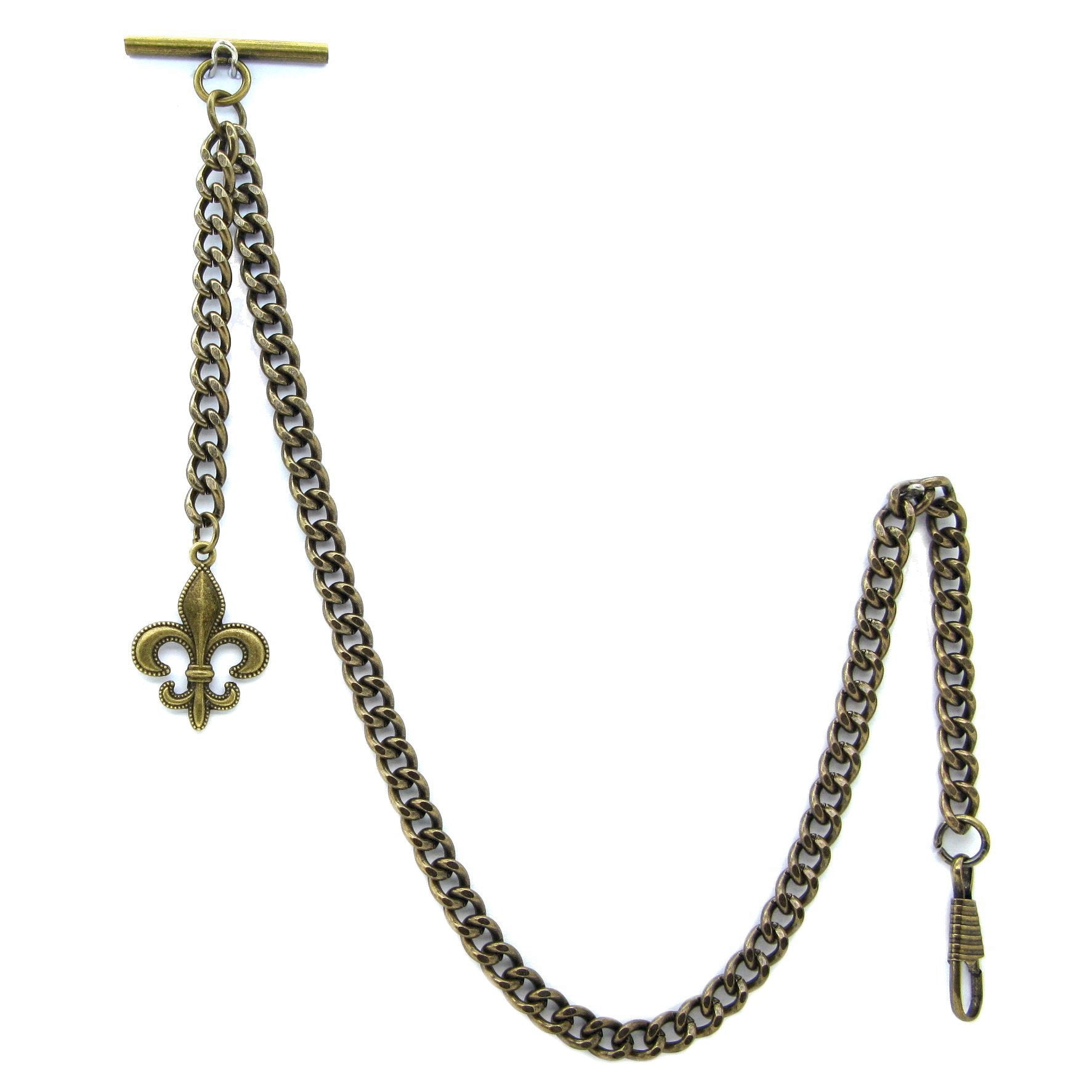 Albert Chain Pocket Watch Chains for Men Antique Brass Color with Fleur-de-lis Emblem Fob T Bar AC48