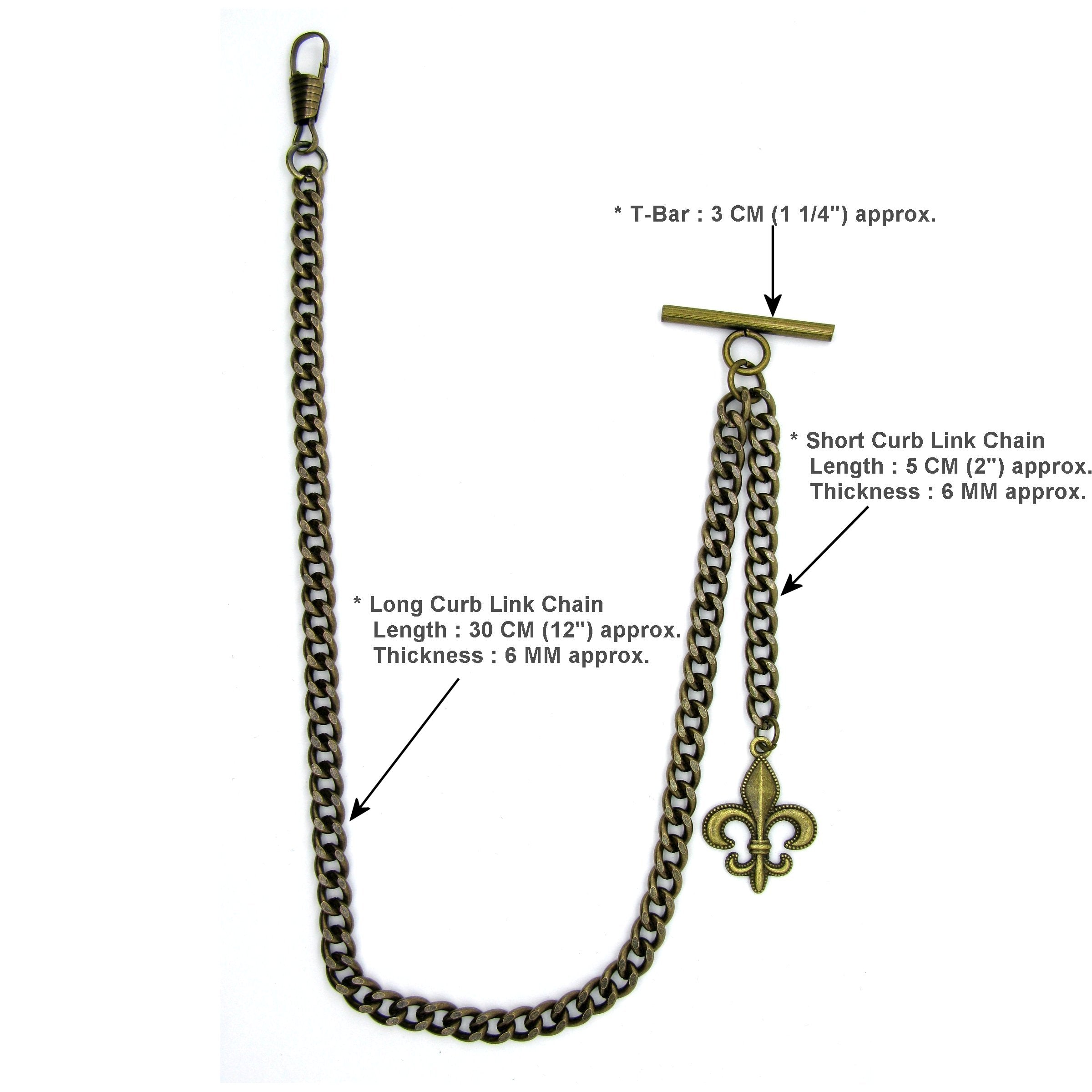 Albert Chain Pocket Watch Chains for Men Antique Brass Color with Fleur-de-lis Emblem Fob T Bar AC48