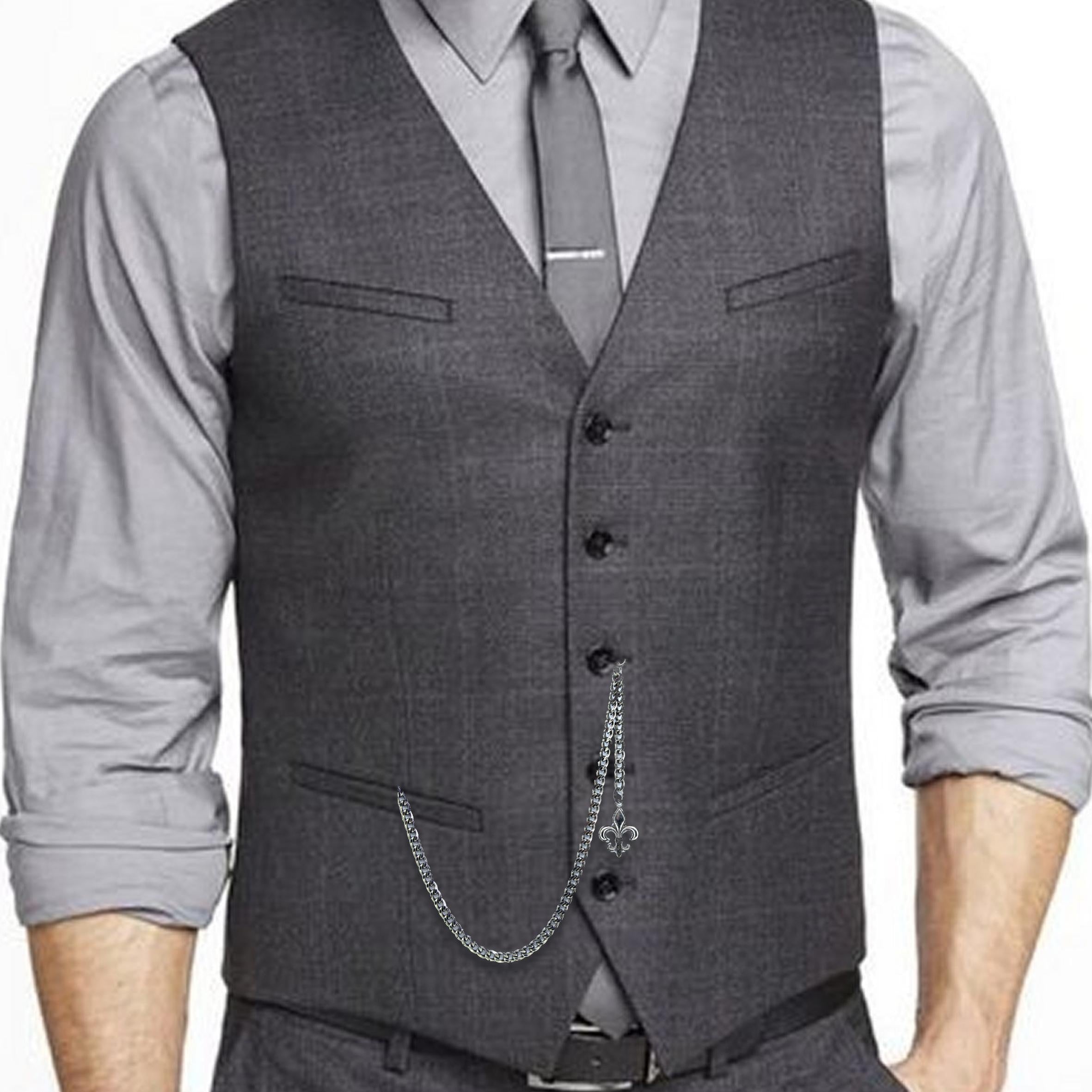 Albert Chain Silver Color Pocket Watch Chains for Men with Fleur-de-lis Emblem Fob T Bar AC49