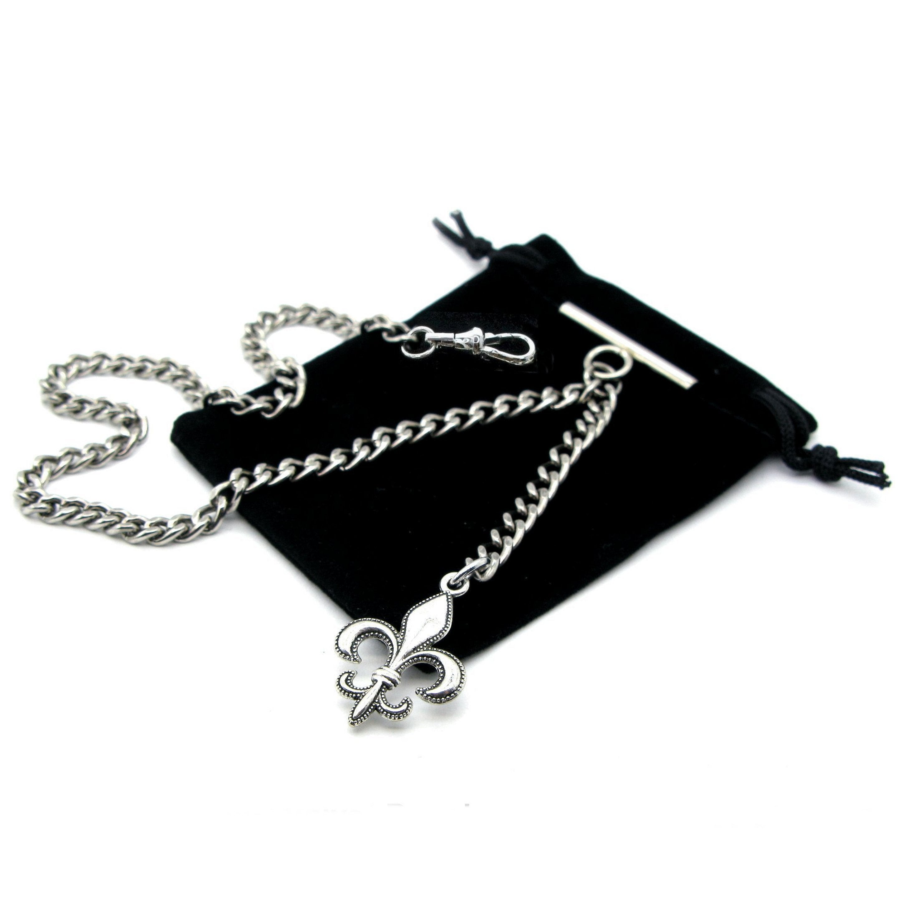 Albert Chain Silver Color Pocket Watch Chains for Men with Fleur-de-lis Emblem Fob T Bar AC49