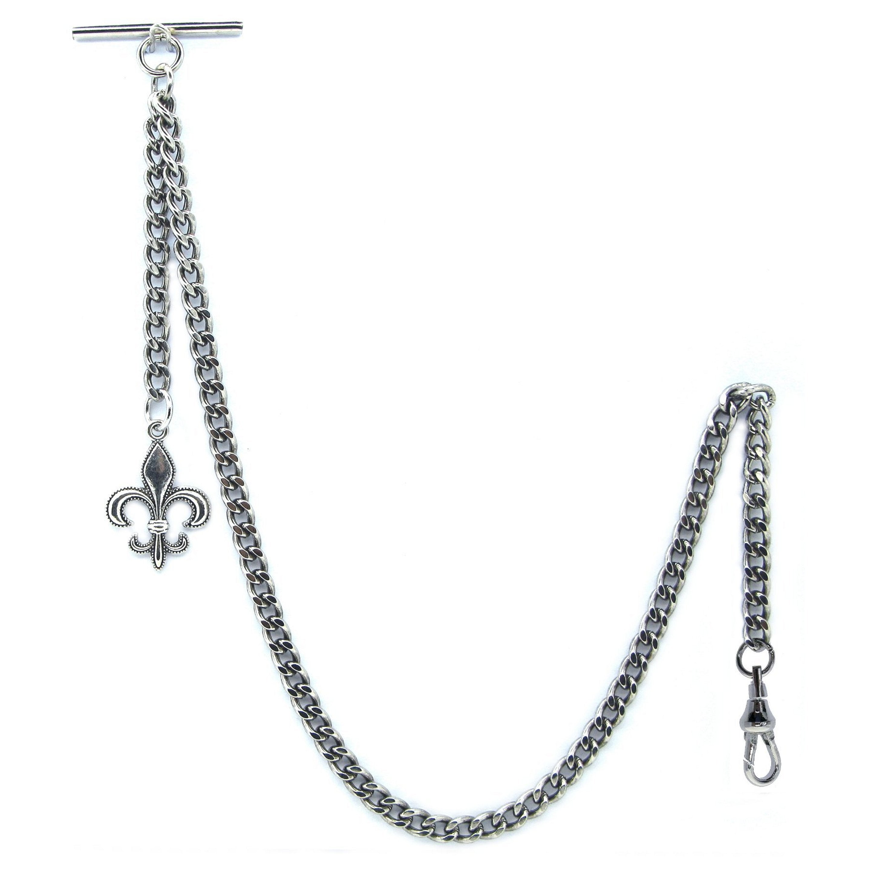 Albert Chain Silver Color Pocket Watch Chains for Men with Fleur-de-lis Emblem Fob T Bar AC49