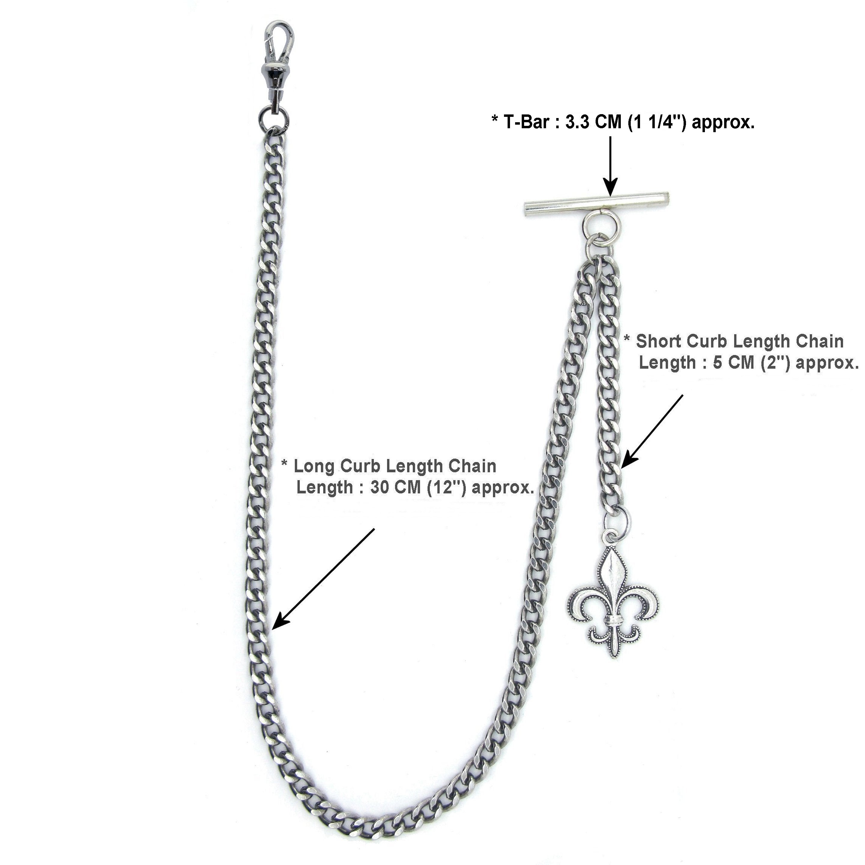 Albert Chain Silver Color Pocket Watch Chains for Men with Fleur-de-lis Emblem Fob T Bar AC49