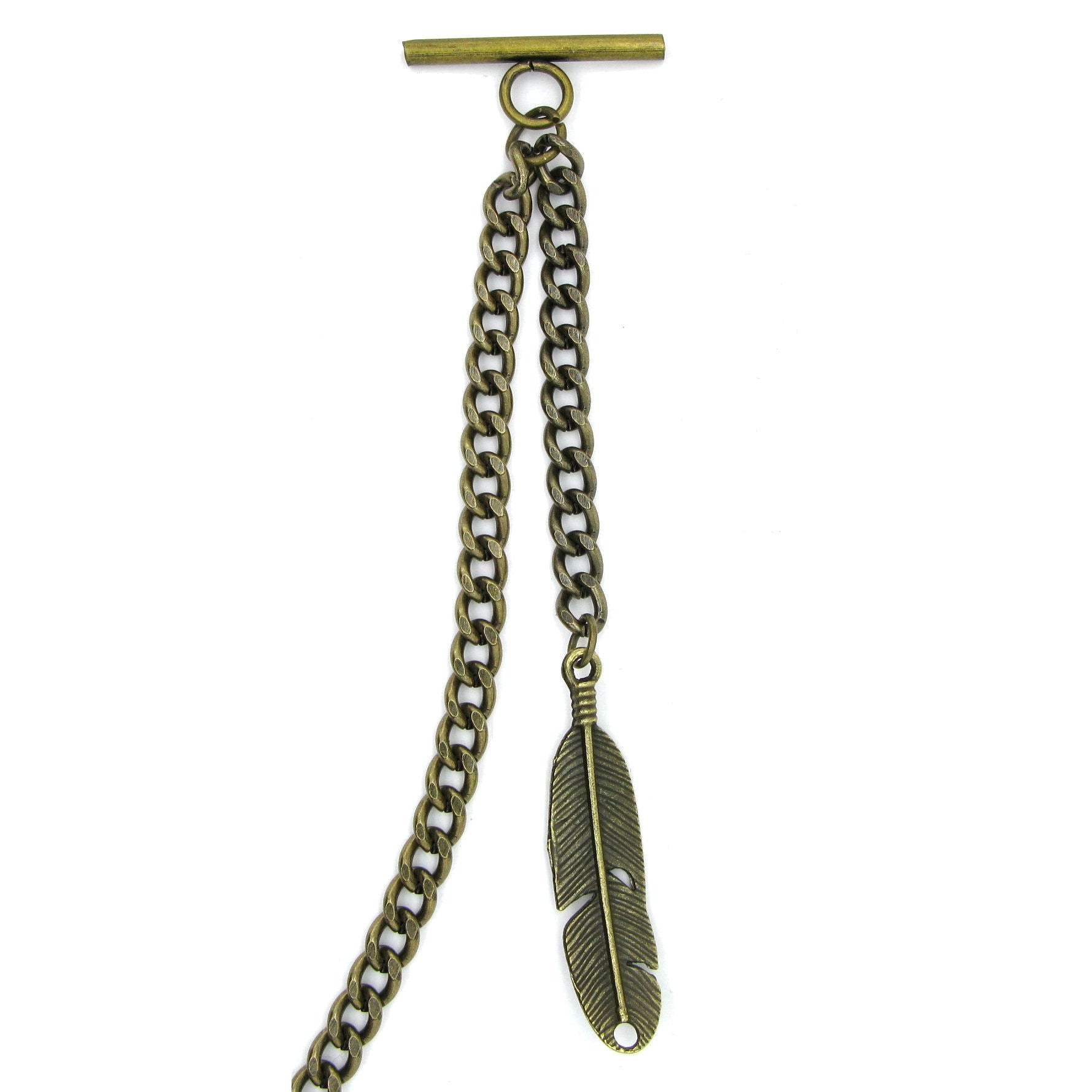 Albert Chain Pocket Watch Chains for Men Antique Brass Color with Feather Pattern Fob T Bar AC50