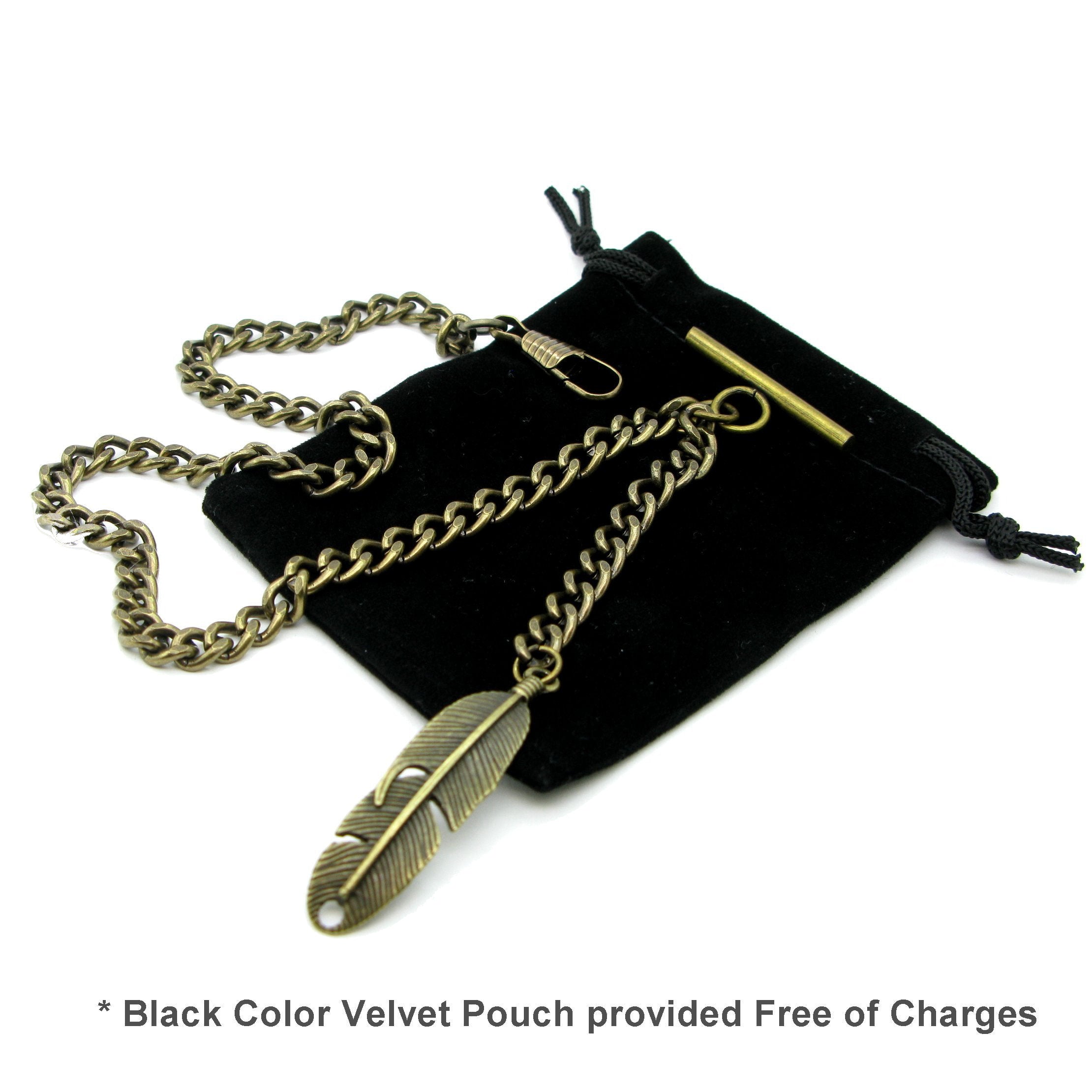 Albert Chain Pocket Watch Chains for Men Antique Brass Color with Feather Pattern Fob T Bar AC50