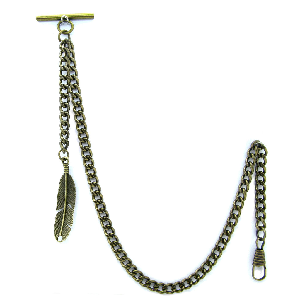 Albert Chain Pocket Watch Chains for Men Antique Brass Color with Feather Pattern Fob T Bar AC50