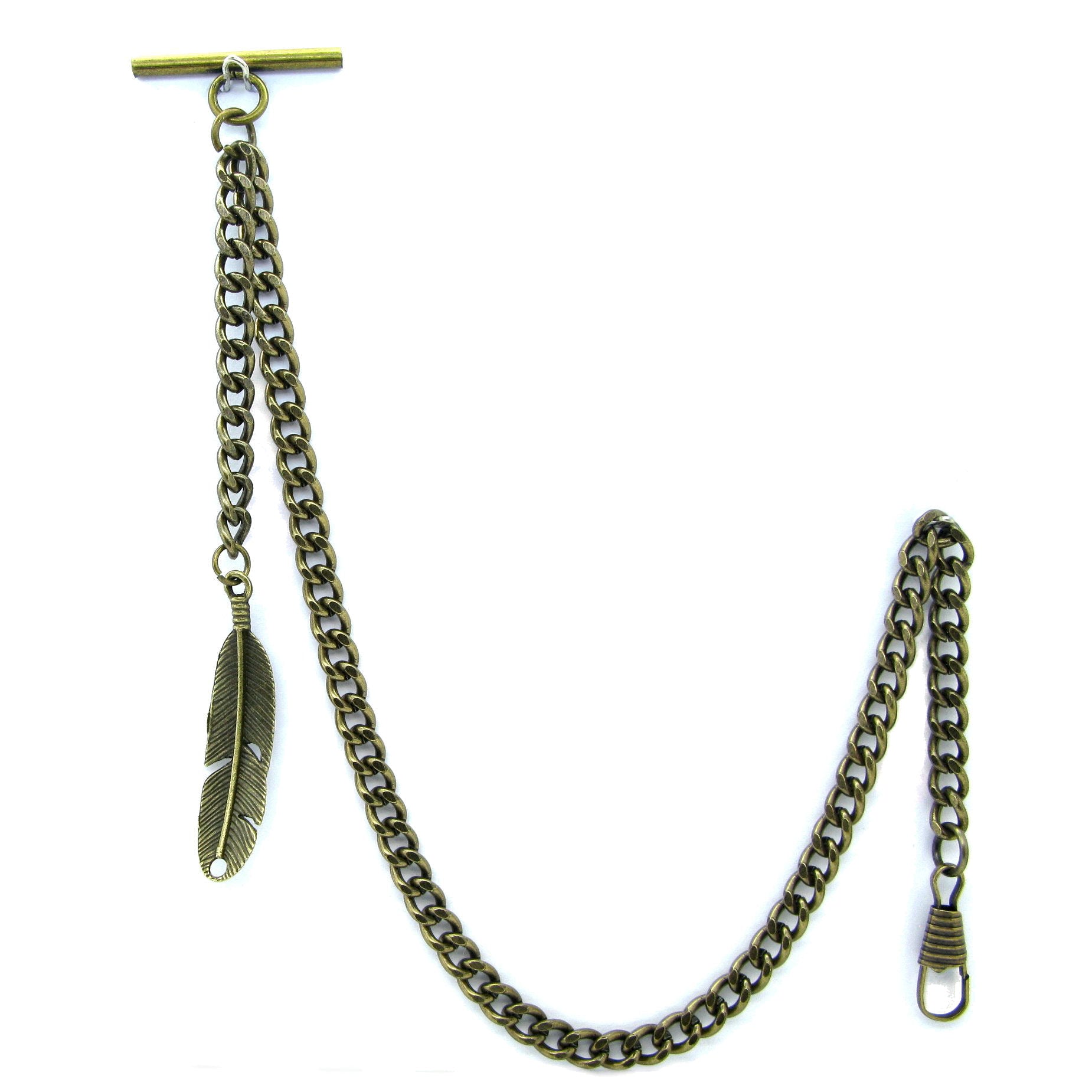 Albert Chain Pocket Watch Chains for Men Antique Brass Color with Feather Pattern Fob T Bar AC50