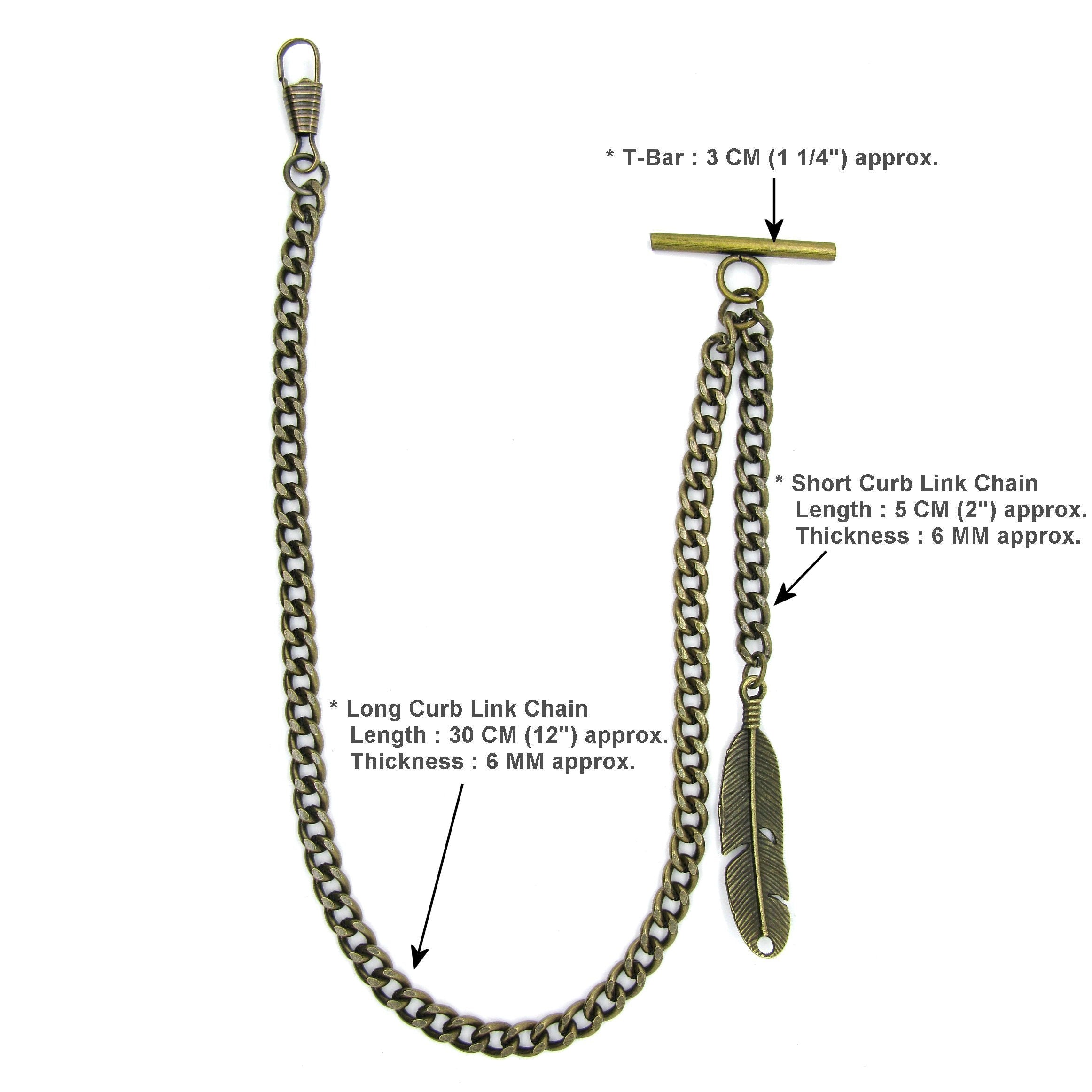 Albert Chain Pocket Watch Chains for Men Antique Brass Color with Feather Pattern Fob T Bar AC50