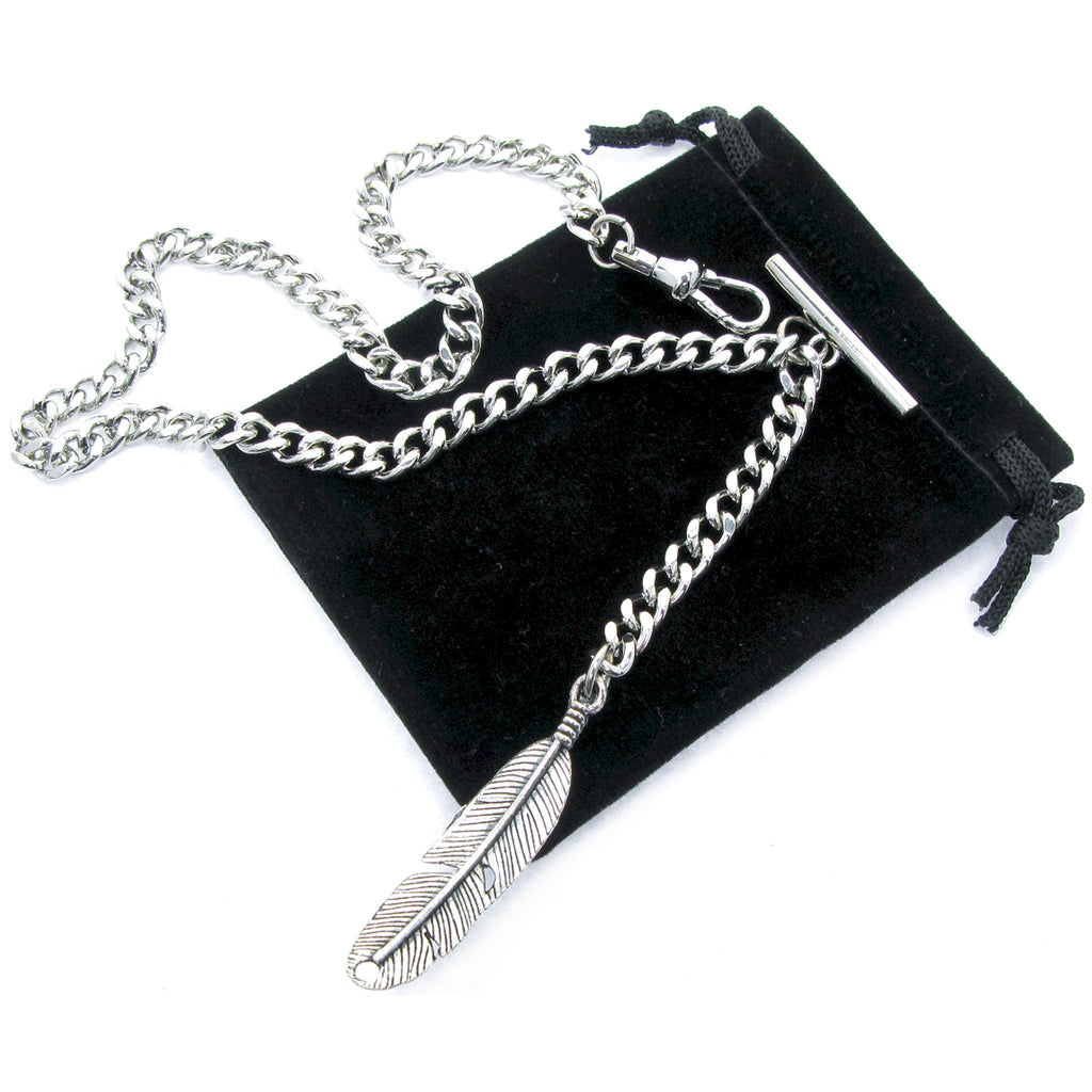 Albert Chain Silver Color Pocket Watch Chains for Men with Feather Pattern Fob T Bar AC51