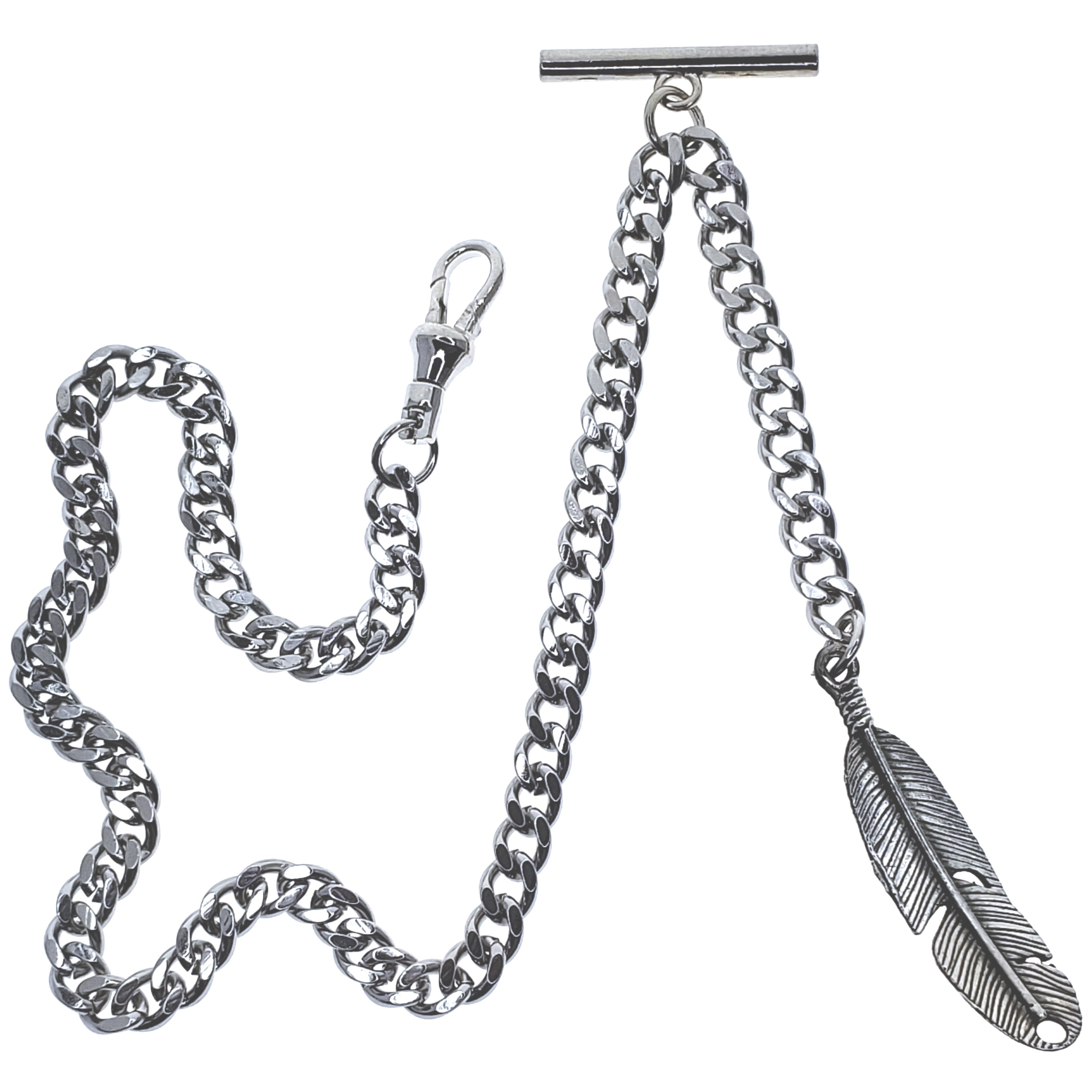Albert Chain Silver Color Pocket Watch Chains for Men with Feather Pattern Fob T Bar AC51