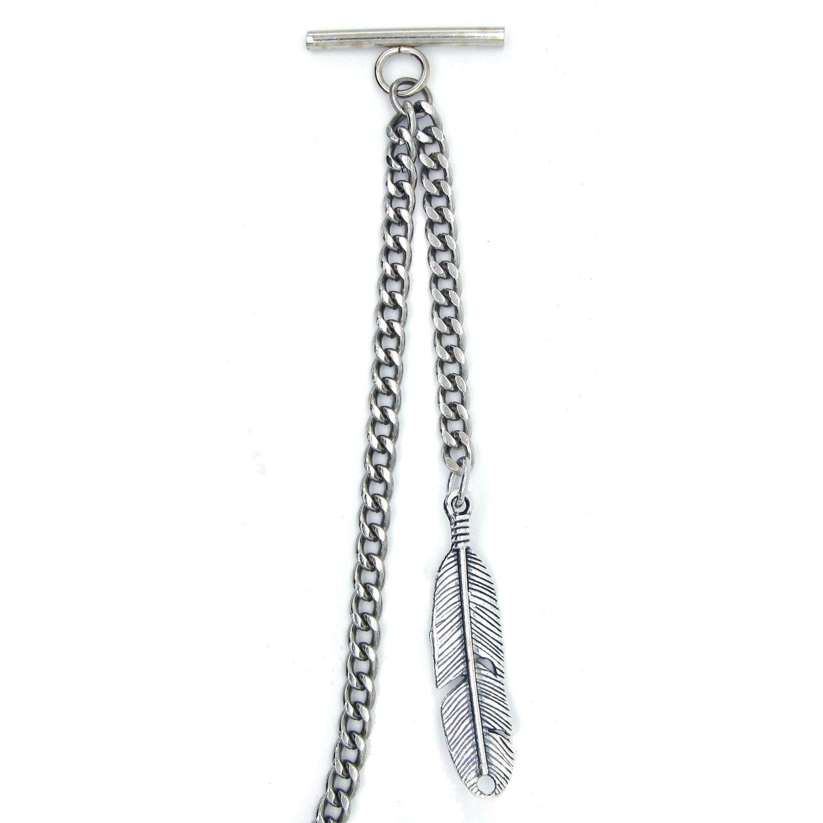 Albert Chain Silver Color Pocket Watch Chains for Men with Feather Pattern Fob T Bar AC51