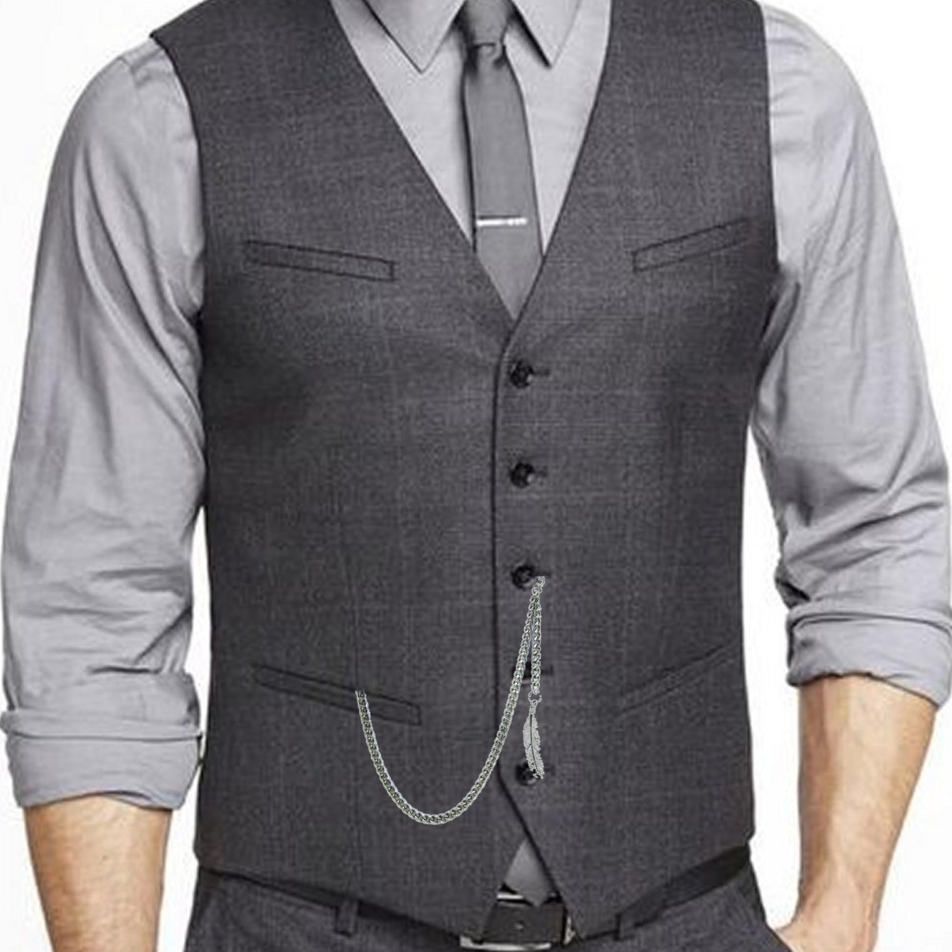 Albert Chain Silver Color Pocket Watch Chains for Men with Feather Pattern Fob T Bar AC51