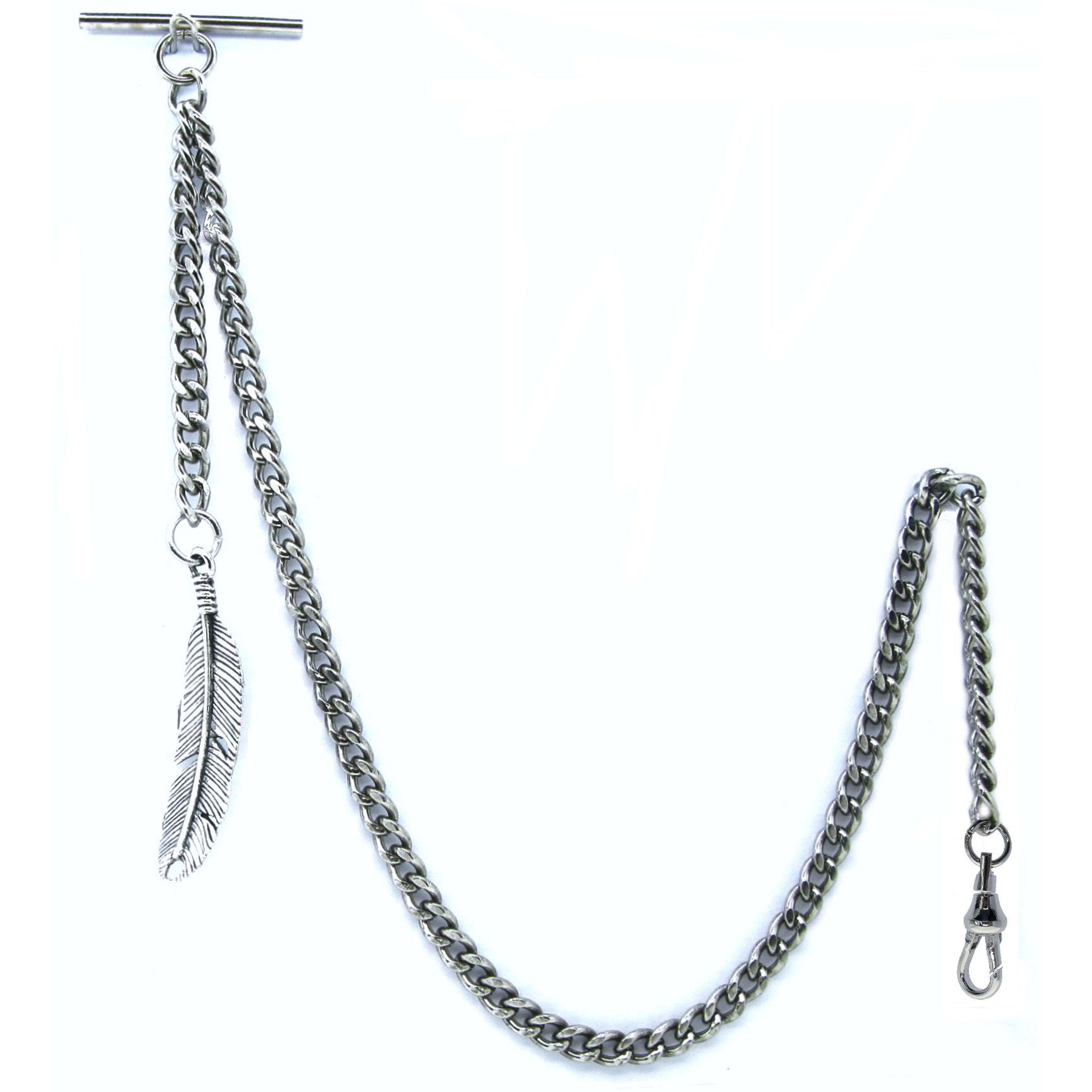 Albert Chain Silver Color Pocket Watch Chains for Men with Feather Pattern Fob T Bar AC51