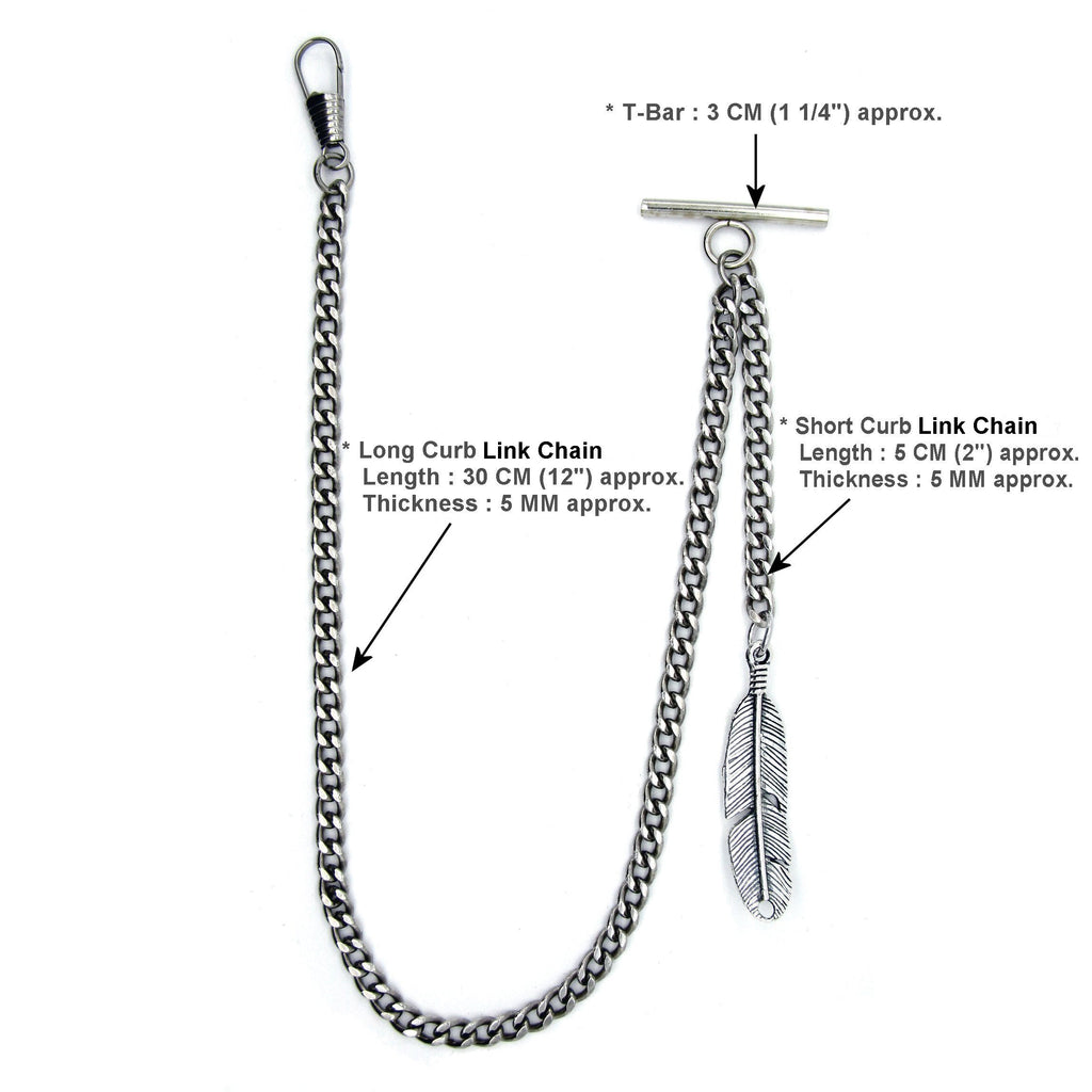 Albert Chain Silver Color Pocket Watch Chains for Men with Feather Pattern Fob T Bar AC51