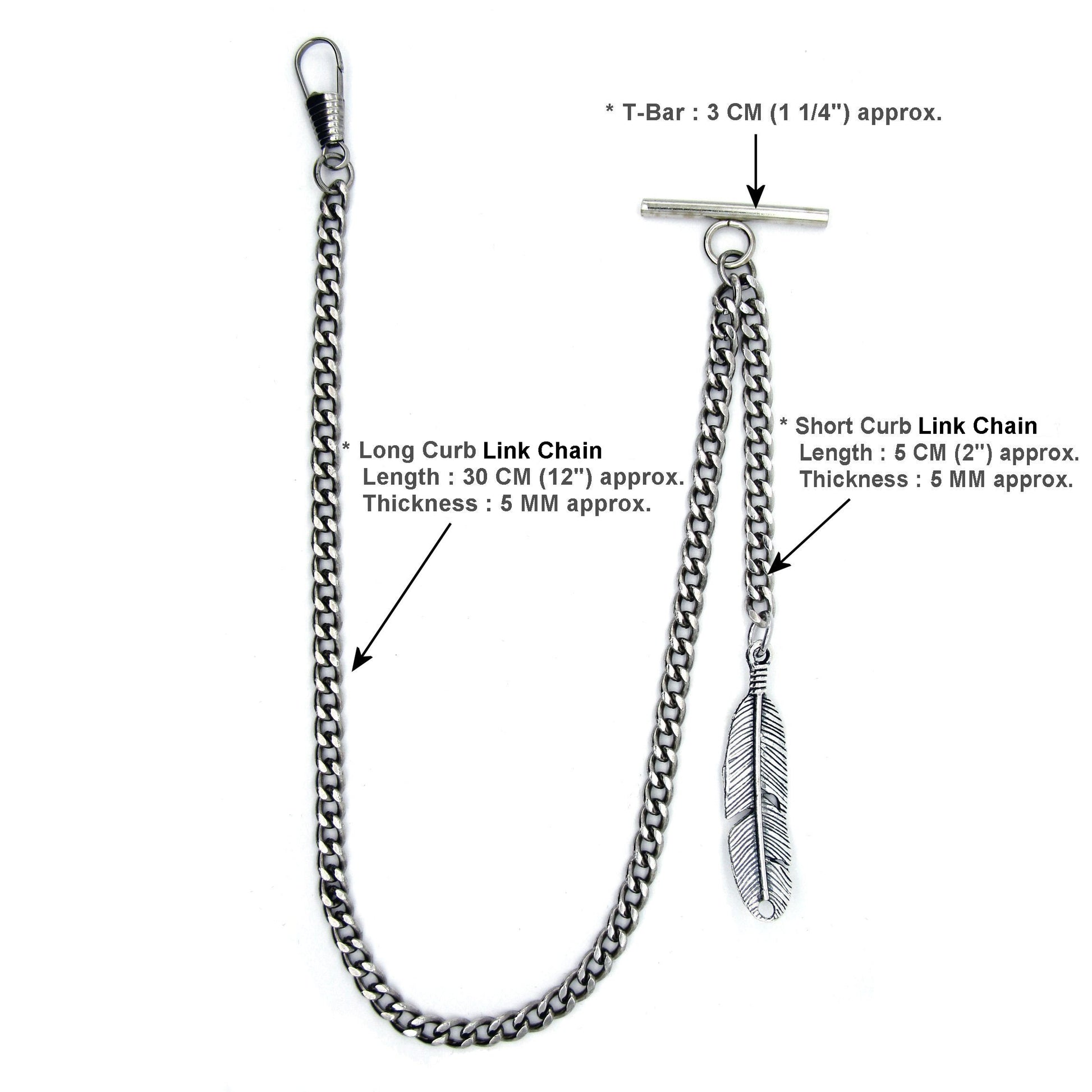 Albert Chain Silver Color Pocket Watch Chains for Men with Feather Pattern Fob T Bar AC51