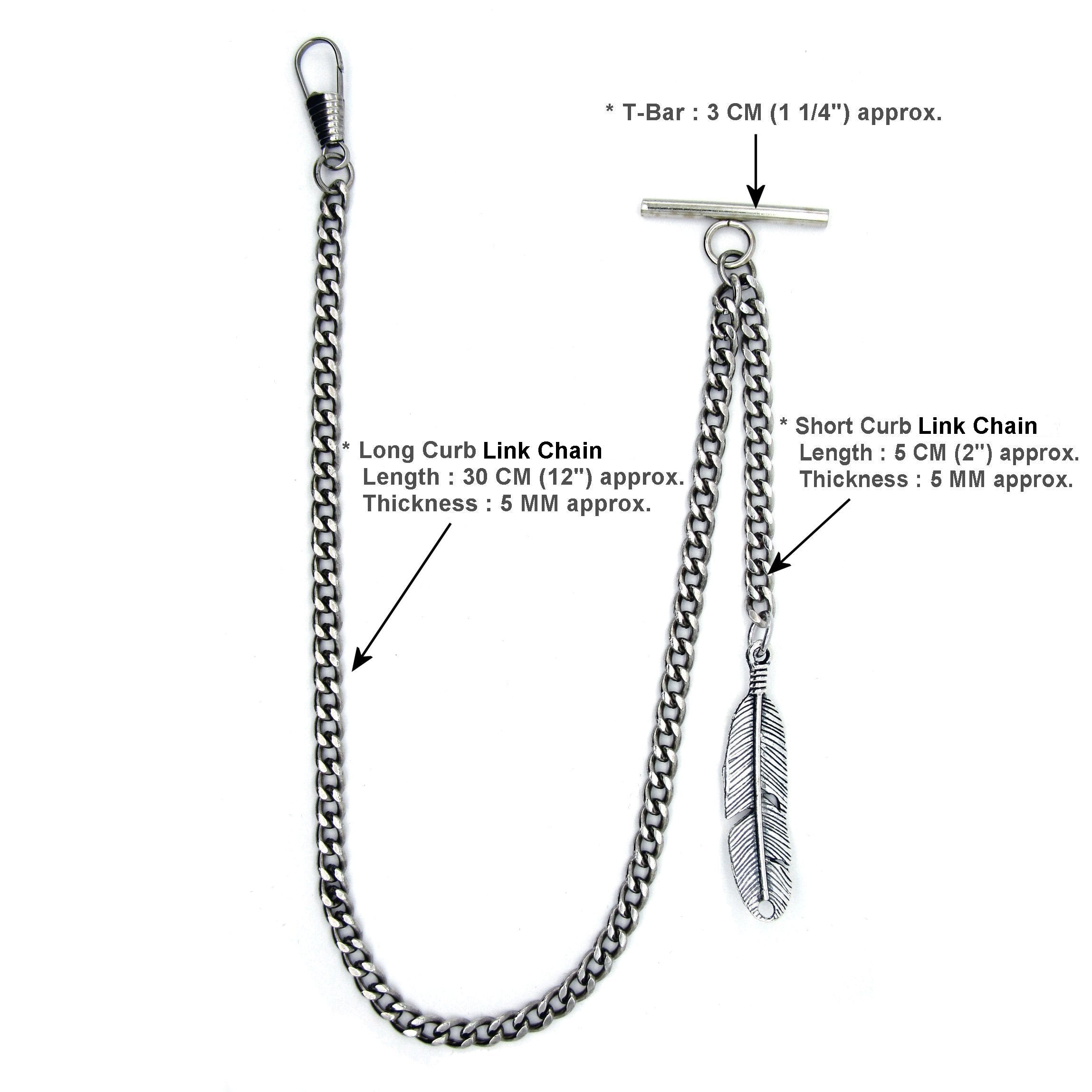 Albert Chain Silver Color Pocket Watch Chains for Men with Feather Pattern Fob T Bar AC51