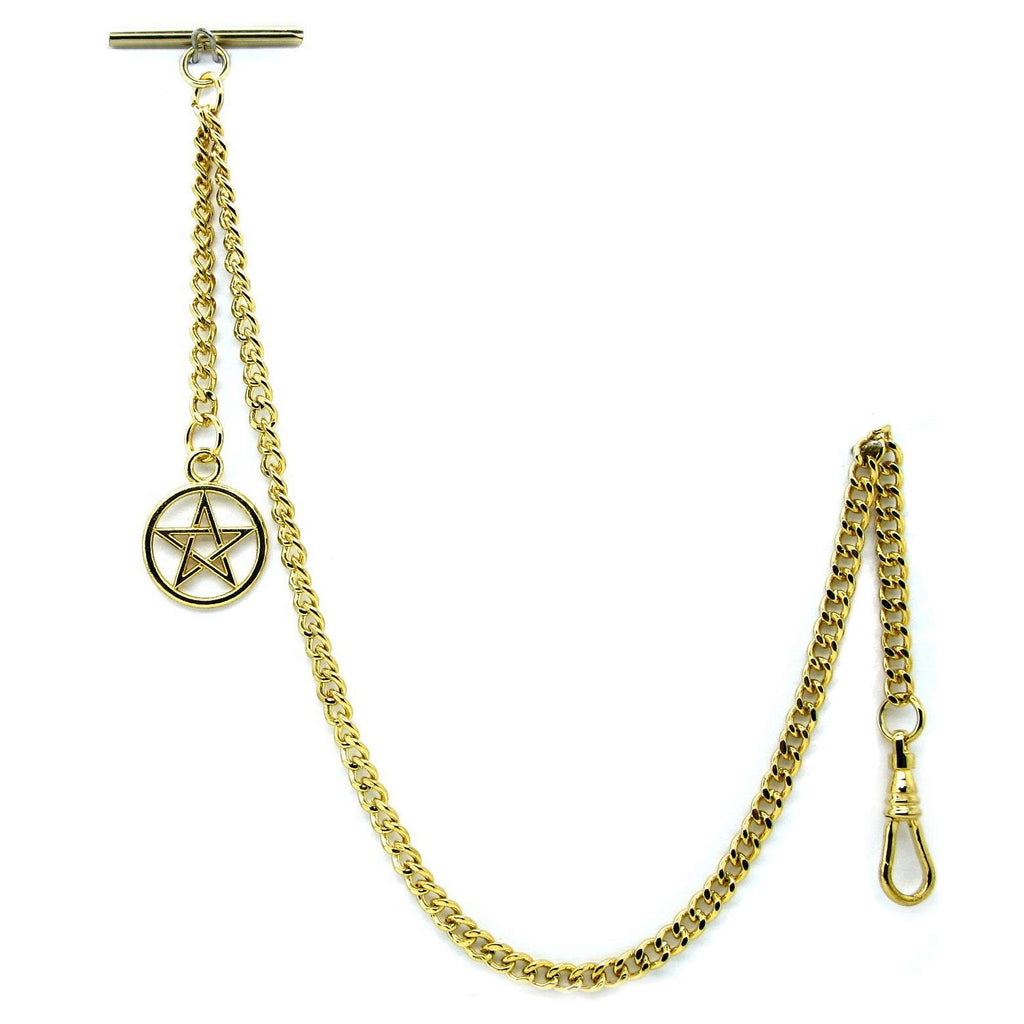 WATCHVSHOP Albert Chain Gold Tone Fine Polish Pocket Watch Chain Vest Chain for Men with Star Design Medal Fob T-Bar Swivel Clasp AC53A