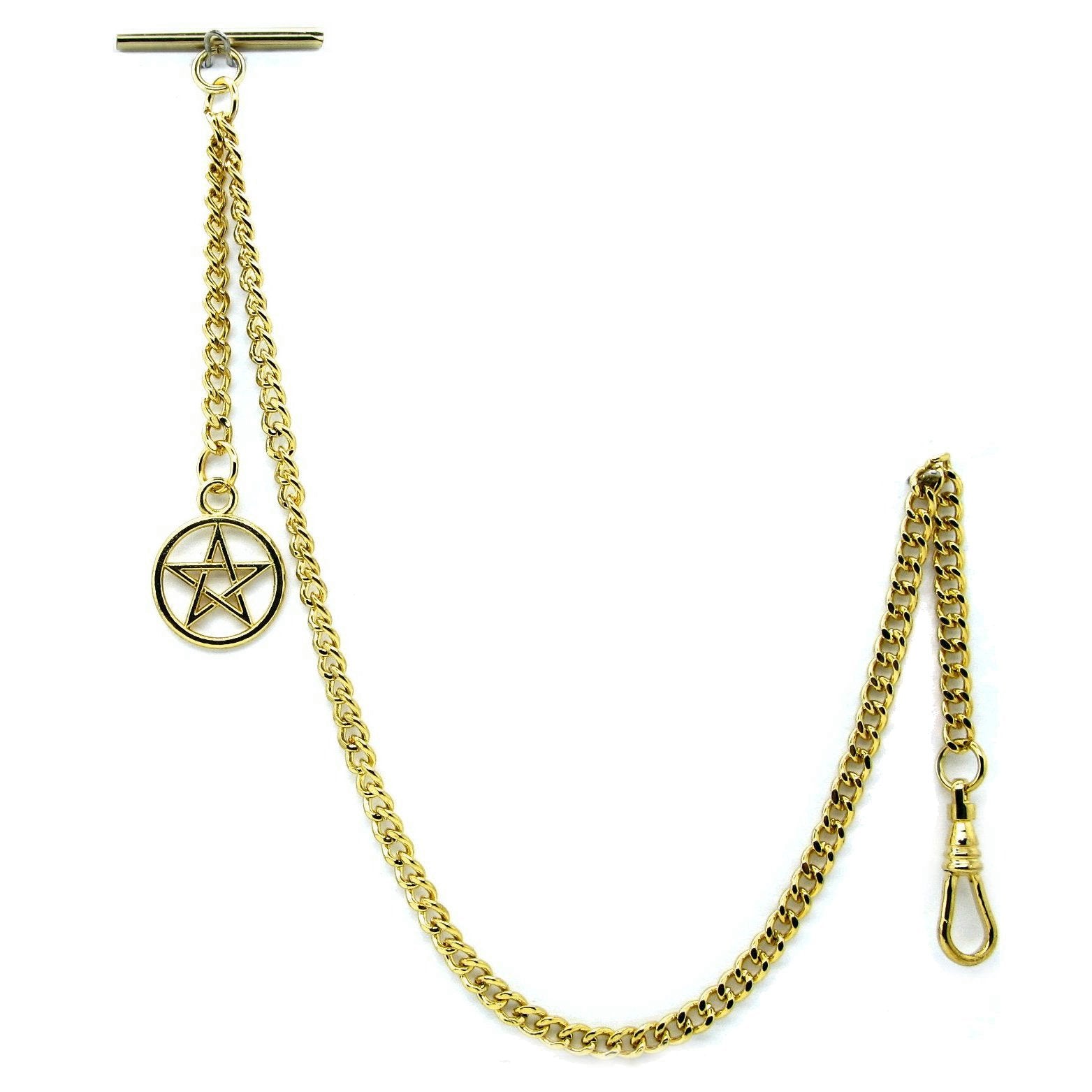 WATCHVSHOP Albert Chain Gold Tone Fine Polish Pocket Watch Chain Vest Chain for Men with Star Design Medal Fob T-Bar Swivel Clasp AC53A