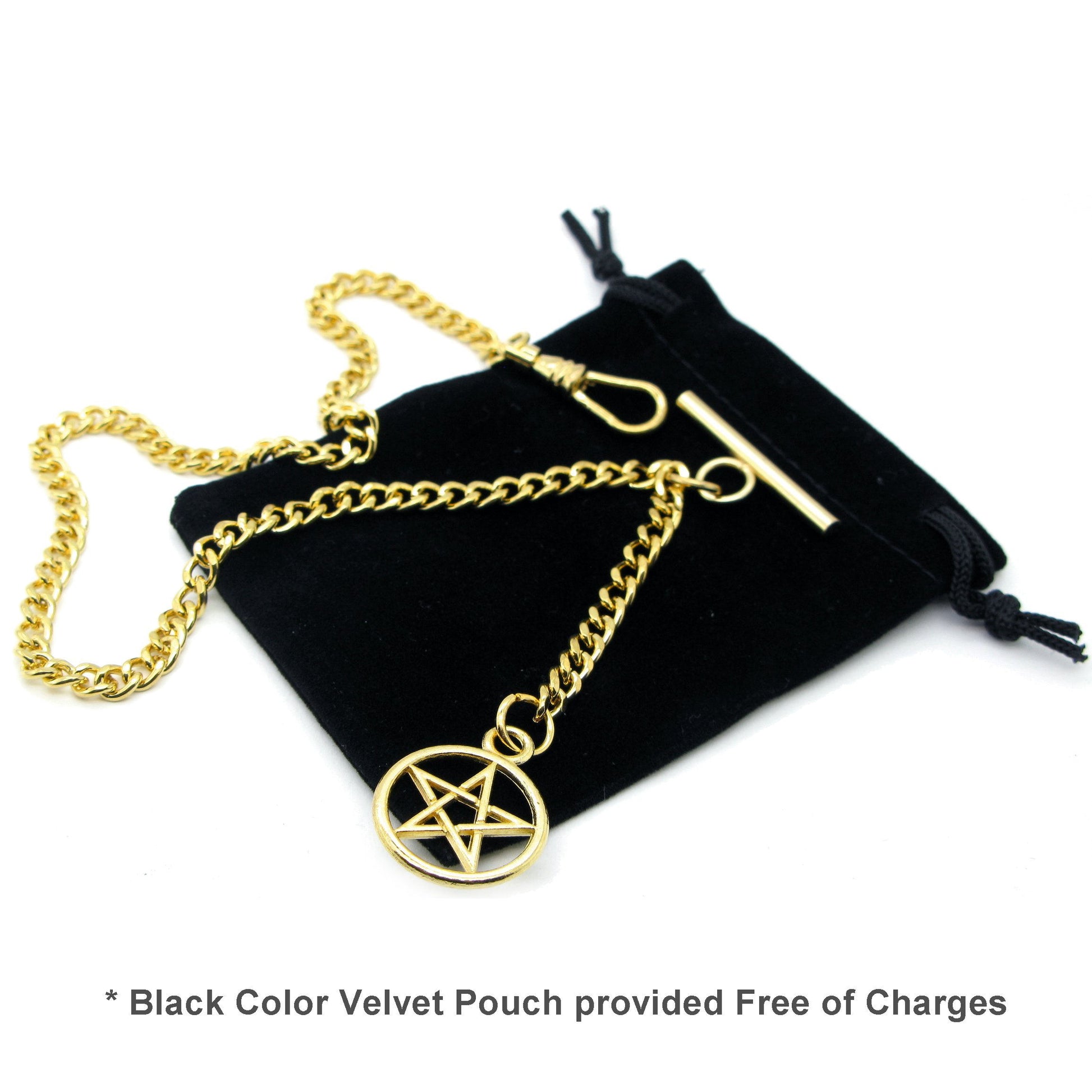 WATCHVSHOP Albert Chain Gold Tone Fine Polish Pocket Watch Chain Vest Chain for Men with Star Design Medal Fob T-Bar Swivel Clasp AC53A