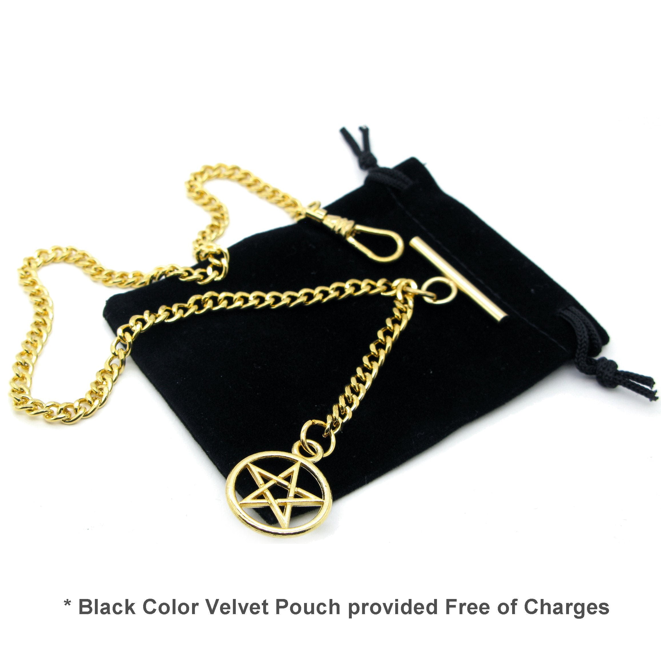 WATCHVSHOP Albert Chain Gold Tone Fine Polish Pocket Watch Chain Vest Chain for Men with Star Design Medal Fob T-Bar Swivel Clasp AC53A
