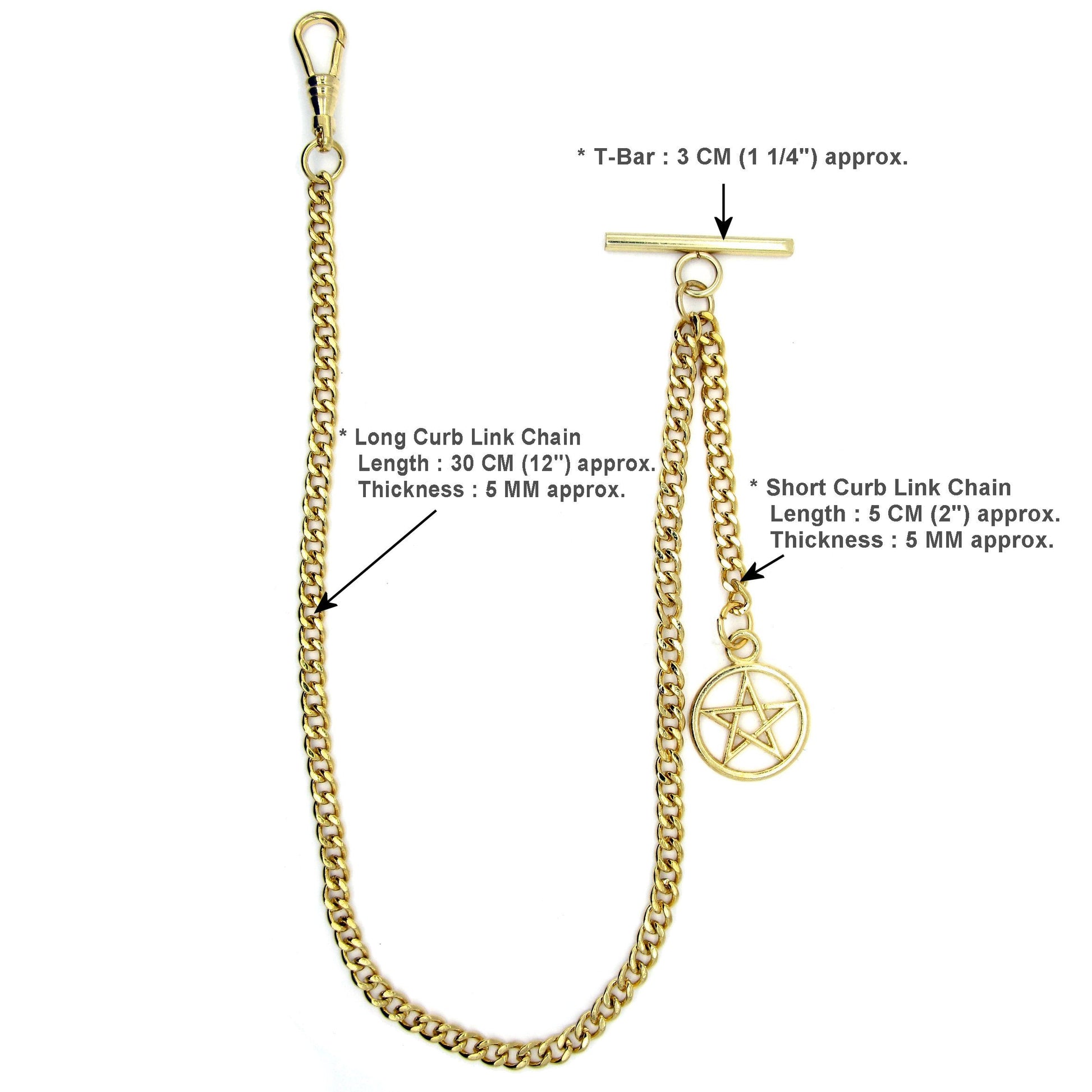WATCHVSHOP Albert Chain Gold Tone Fine Polish Pocket Watch Chain Vest Chain for Men with Star Design Medal Fob T-Bar Swivel Clasp AC53A