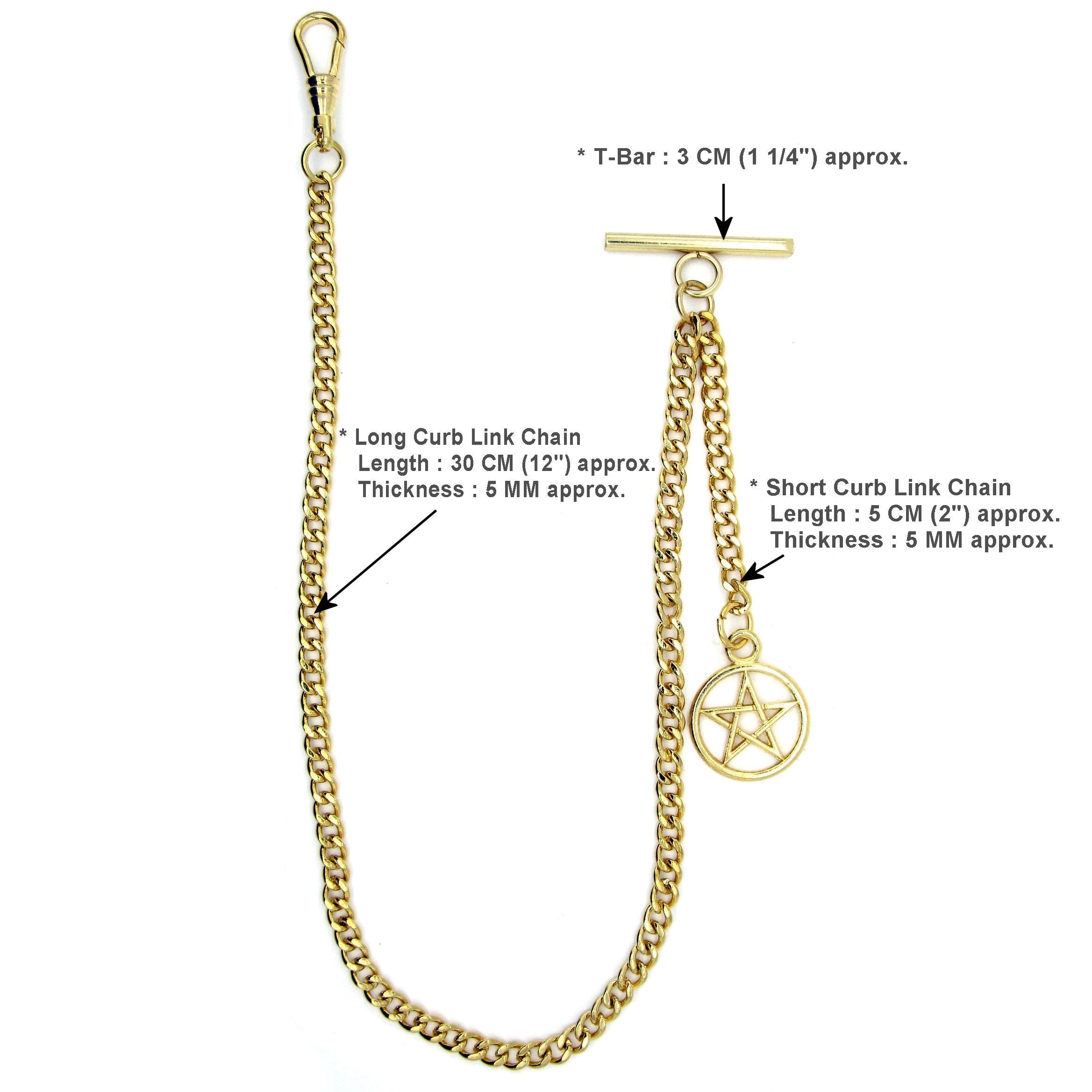 WATCHVSHOP Albert Chain Gold Tone Fine Polish Pocket Watch Chain Vest Chain for Men with Star Design Medal Fob T-Bar Swivel Clasp AC53A