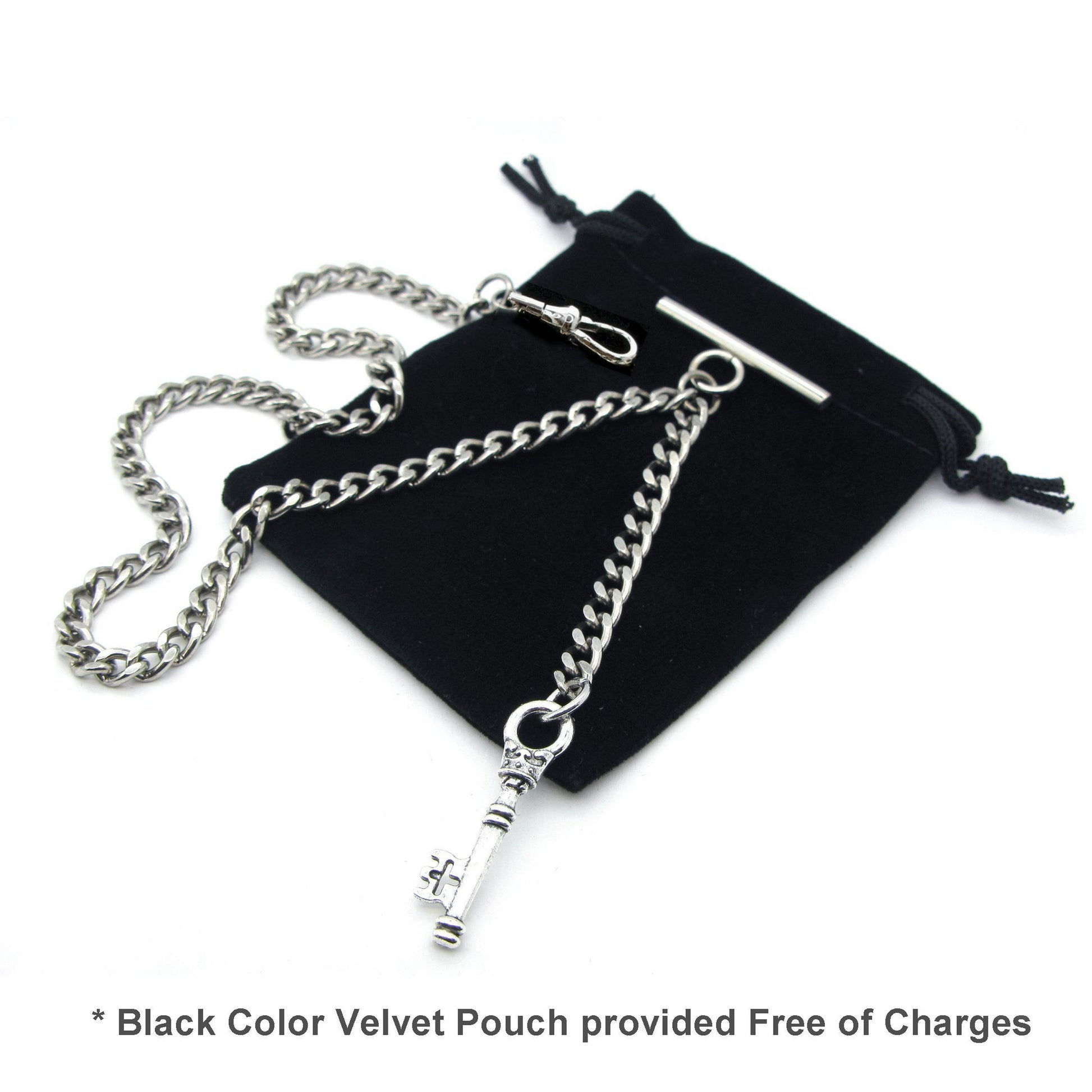 Albert Chain Silver Color Pocket Watch Chains for Men with Small Size Key Design Fob T Bar AC54