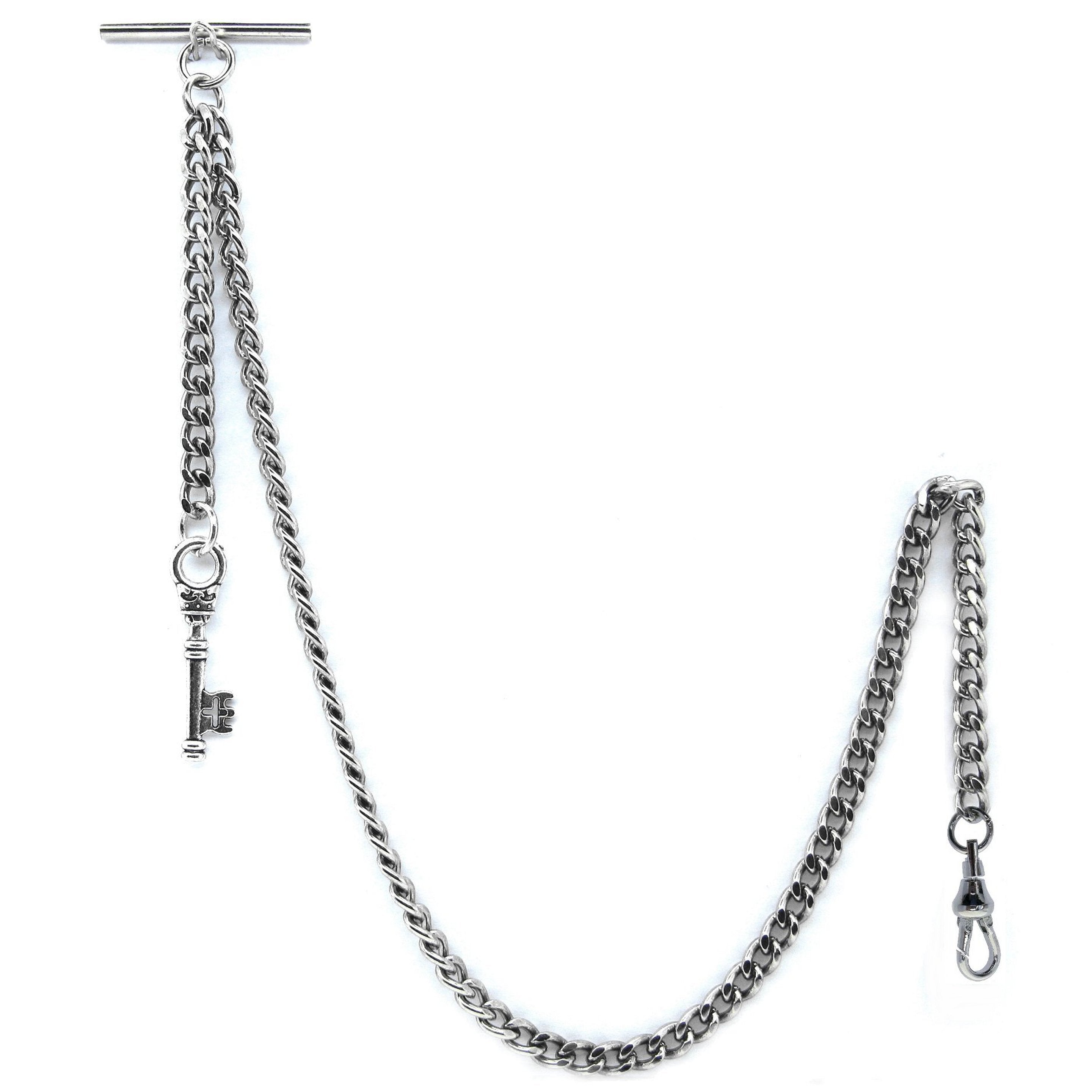 Albert Chain Silver Color Pocket Watch Chains for Men with Small Size Key Design Fob T Bar AC54