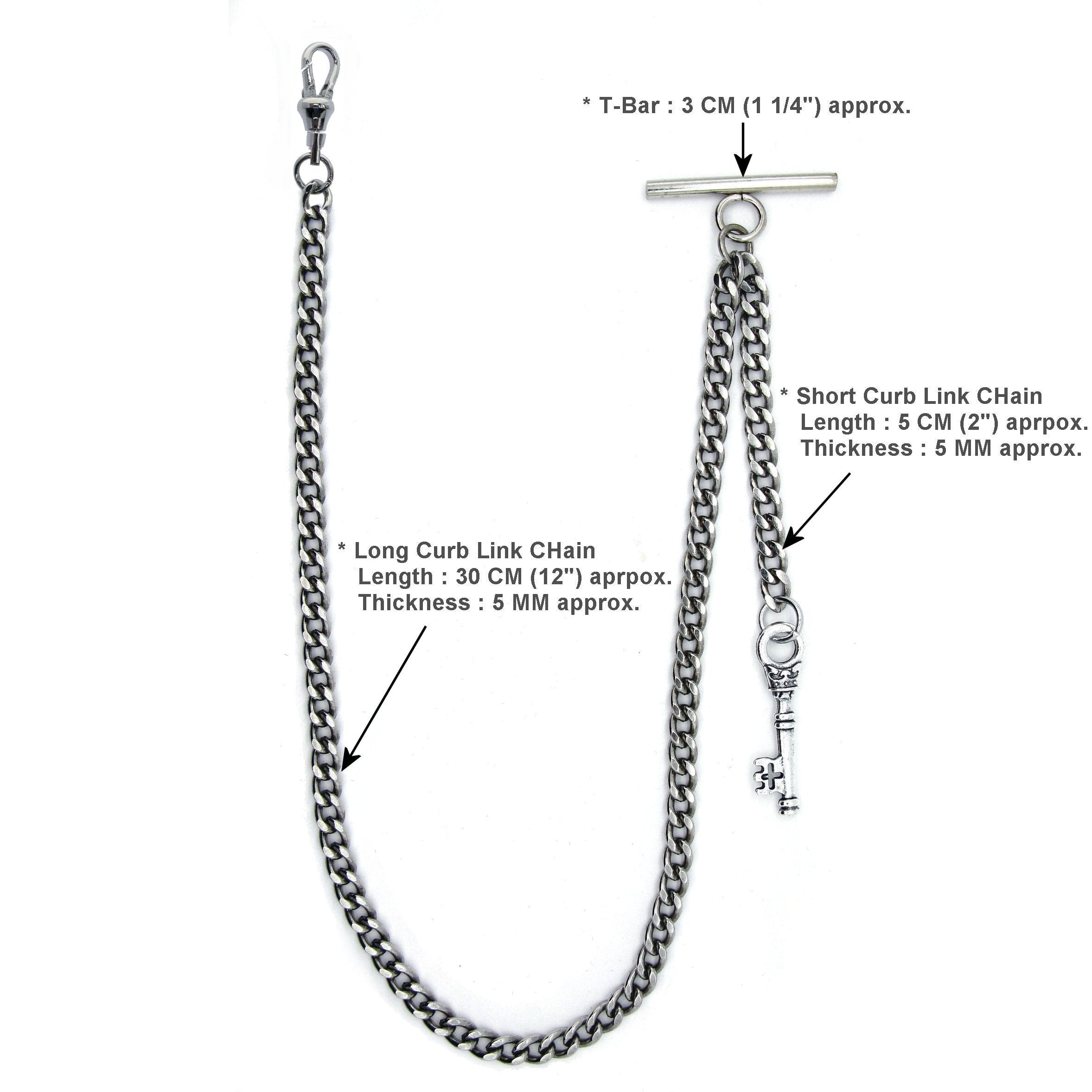 Albert Chain Silver Color Pocket Watch Chains for Men with Small Size Key Design Fob T Bar AC54