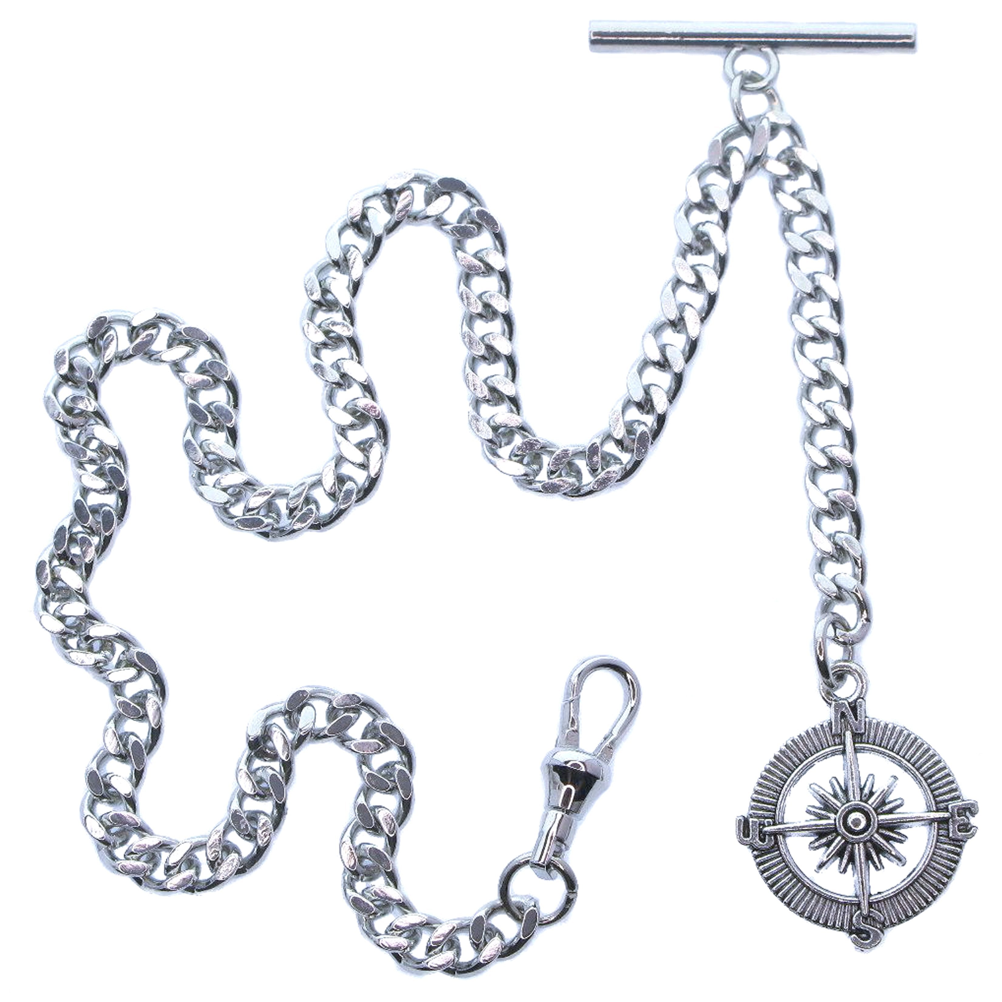 Albert Chain Silver Color Pocket Watch Chains for Men with Compass Design Charm Fob Swivel Claap T Bar AC55