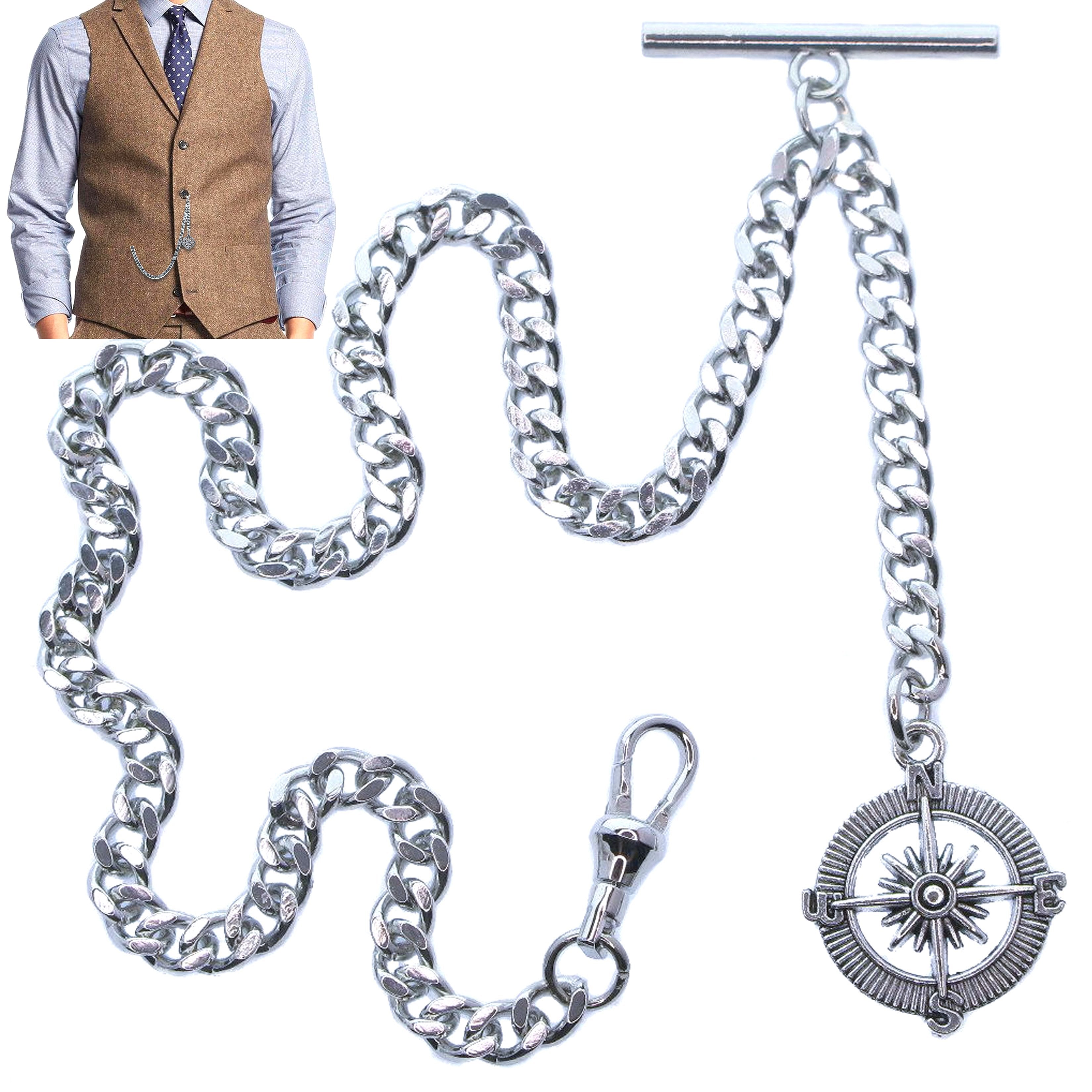 Albert Chain Silver Color Pocket Watch Chains for Men with Compass Design Charm Fob Swivel Claap T Bar AC55