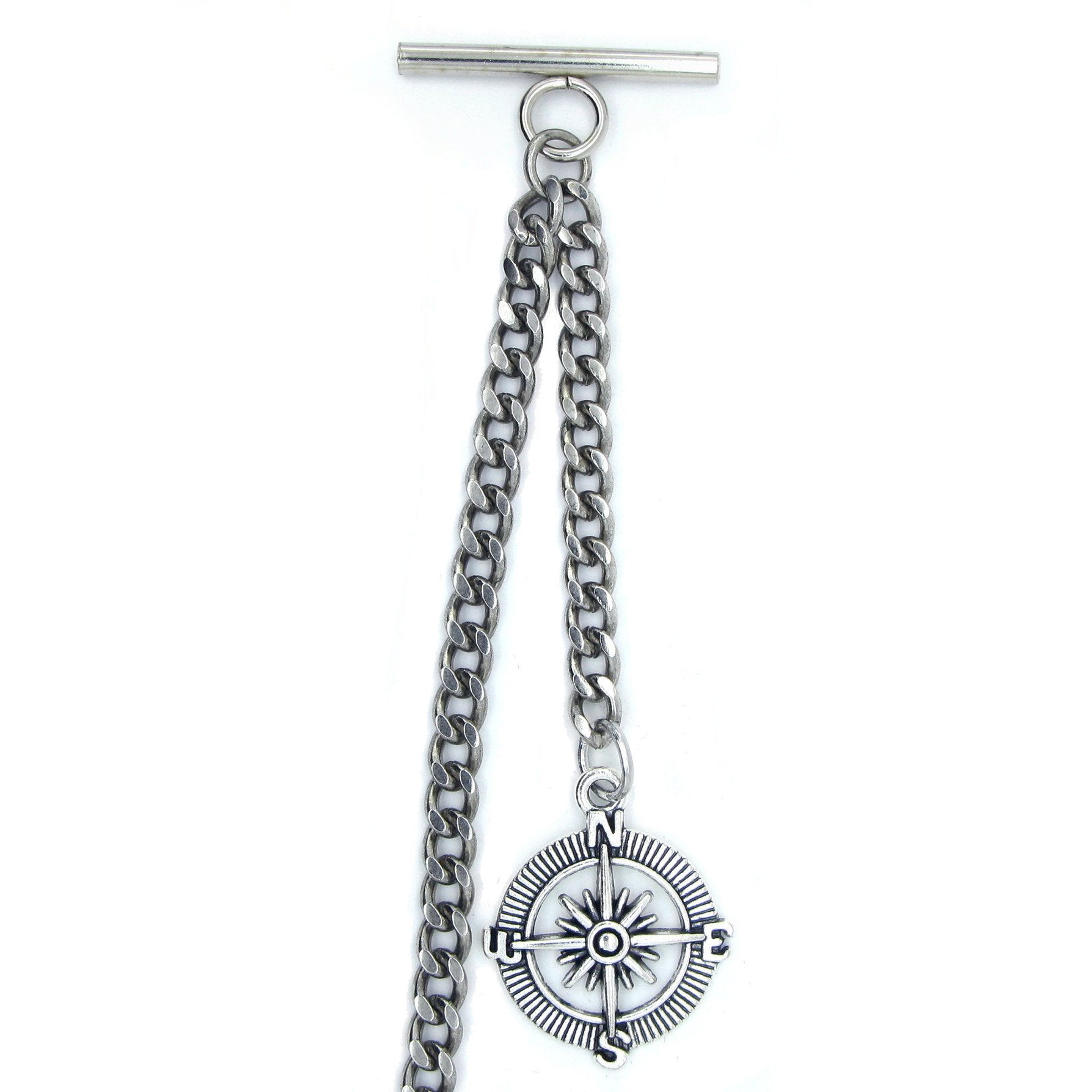 Albert Chain Silver Color Pocket Watch Chains for Men with Compass Design Charm Fob Swivel Claap T Bar AC55