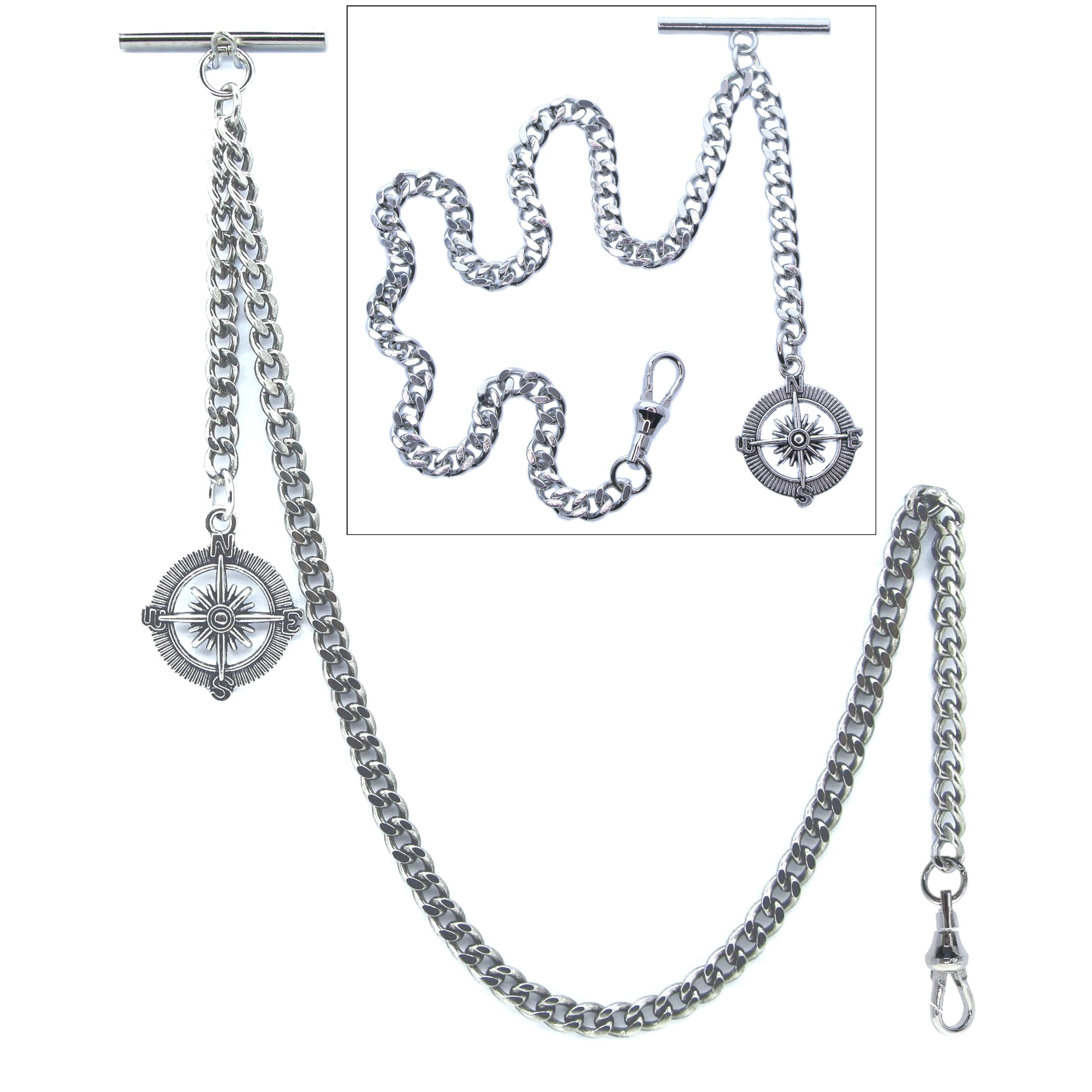 Albert Chain Silver Color Pocket Watch Chains for Men with Compass Design Charm Fob Swivel Claap T Bar AC55